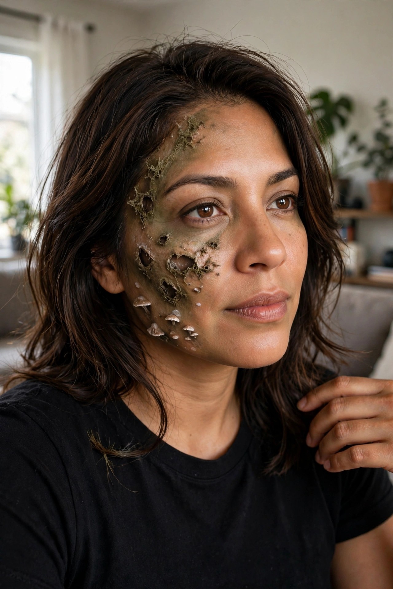 Close up of a woman with dark brown hair wearing detailed monster makeup on the left side of her face, showing green and brown decaying texture with holes and small white mushrooms growing from the cheek and jaw.