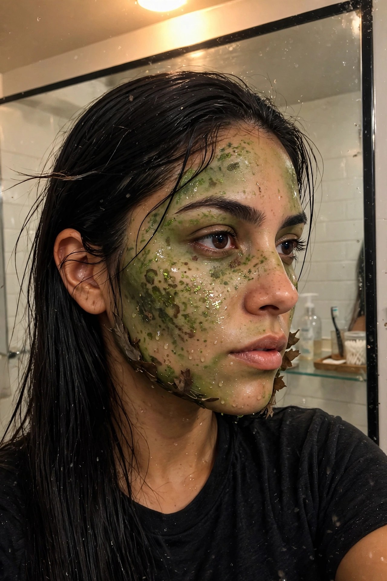 close up of a woman wearing thick green glittery monster makeup with leaves stuck to the face and a wet glossy finish