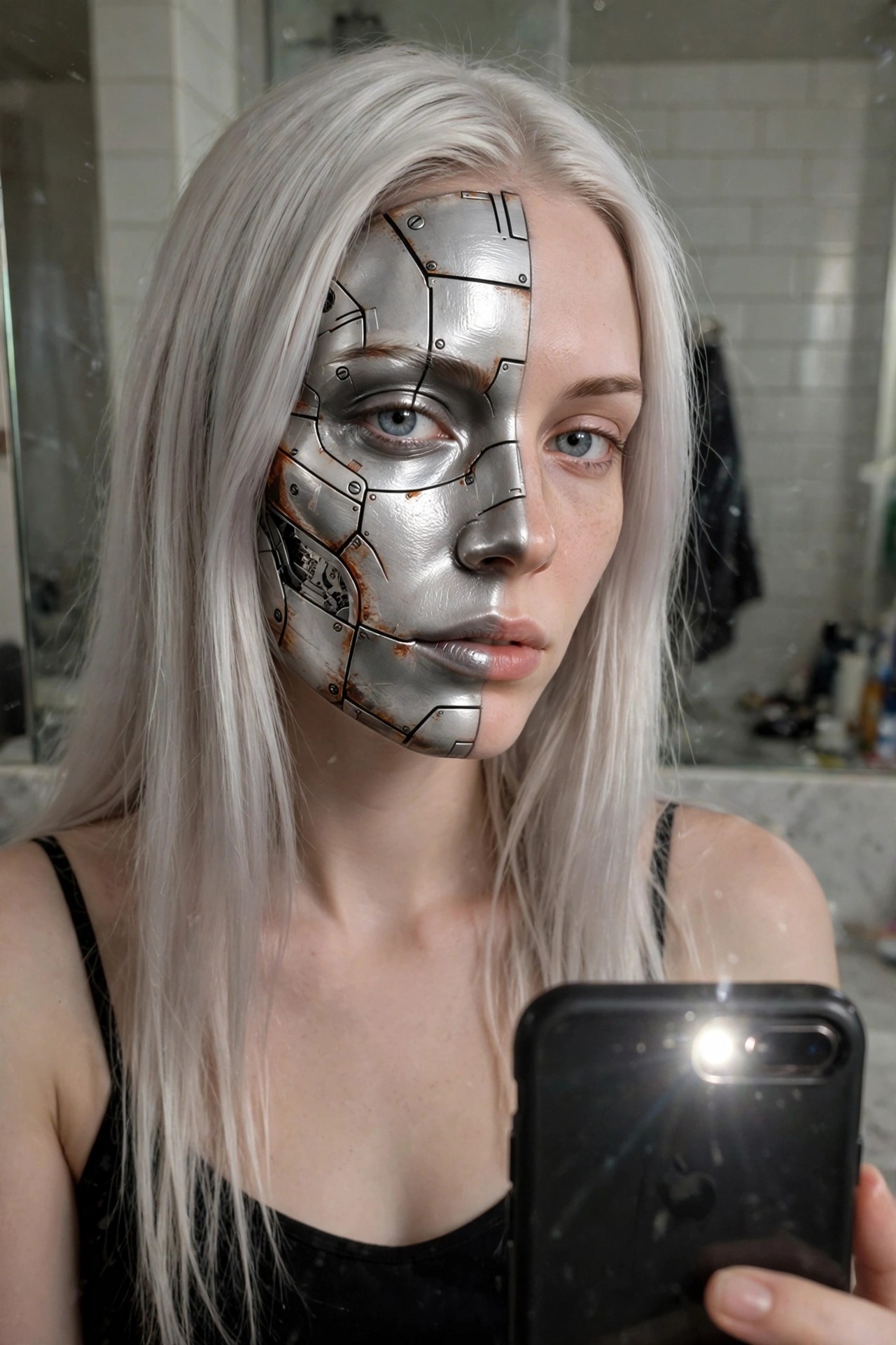 Close up of half face cyborg makeup in metallic silver with mechanical panel lines, exposed gear details, and rust accents on one side while the other side remains natural skin.