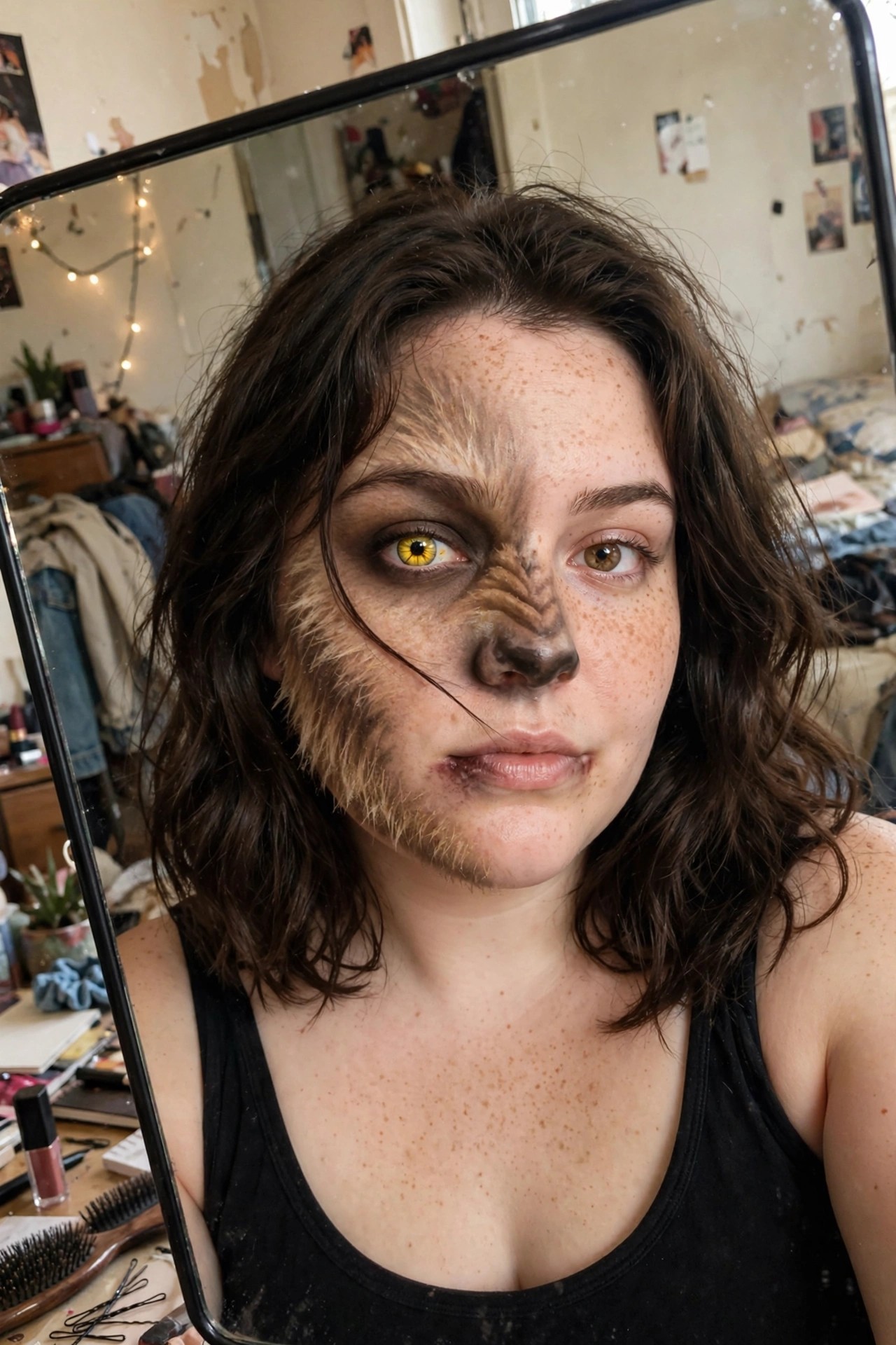 Close up of half face werewolf makeup with yellow contact lens, dark snout, and textured fur on the left side blending into natural freckled skin.