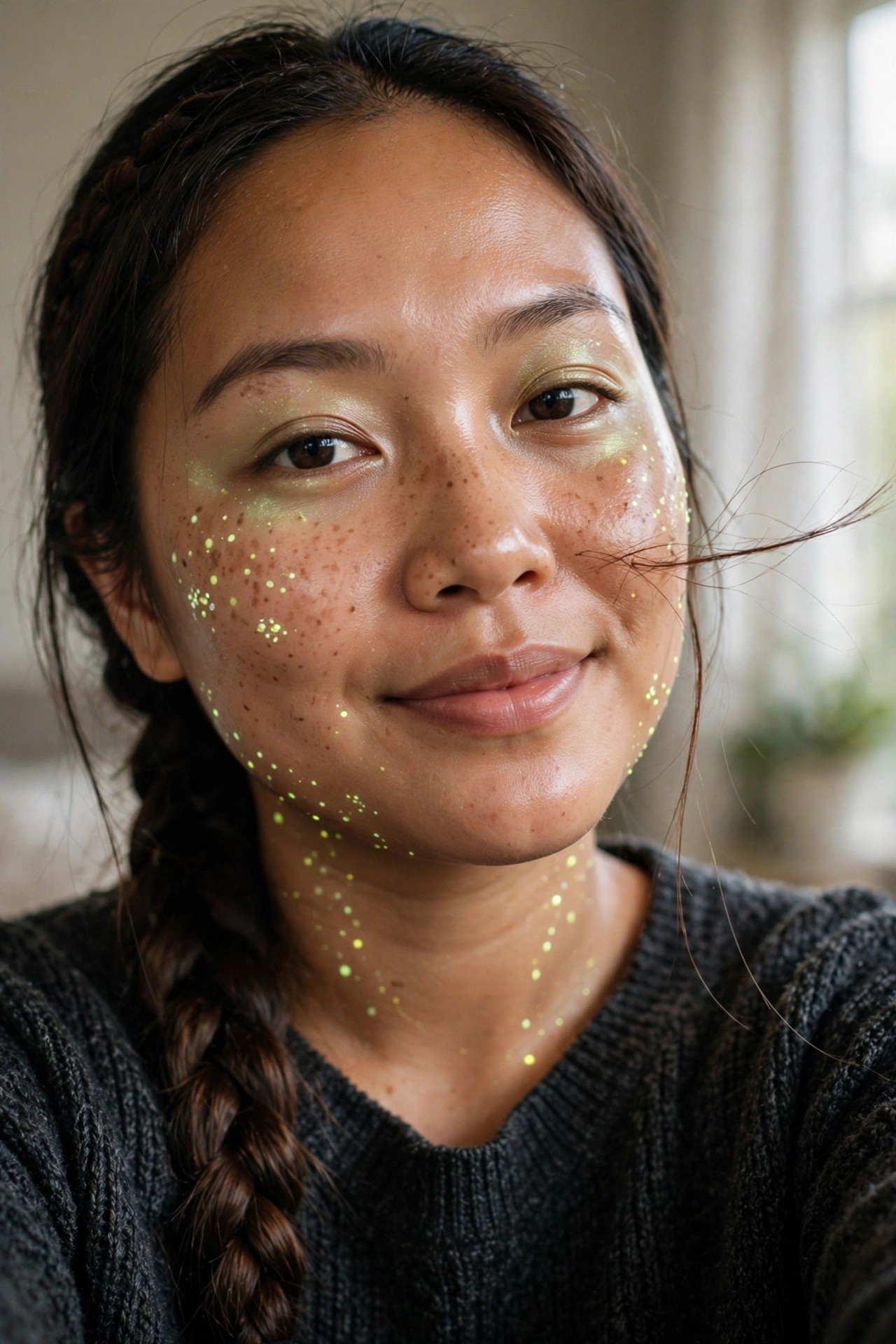 Close up of face with scattered neon yellow green glitter dots across cheeks forehead nose and neck plus soft green eyeshadow on the lids.