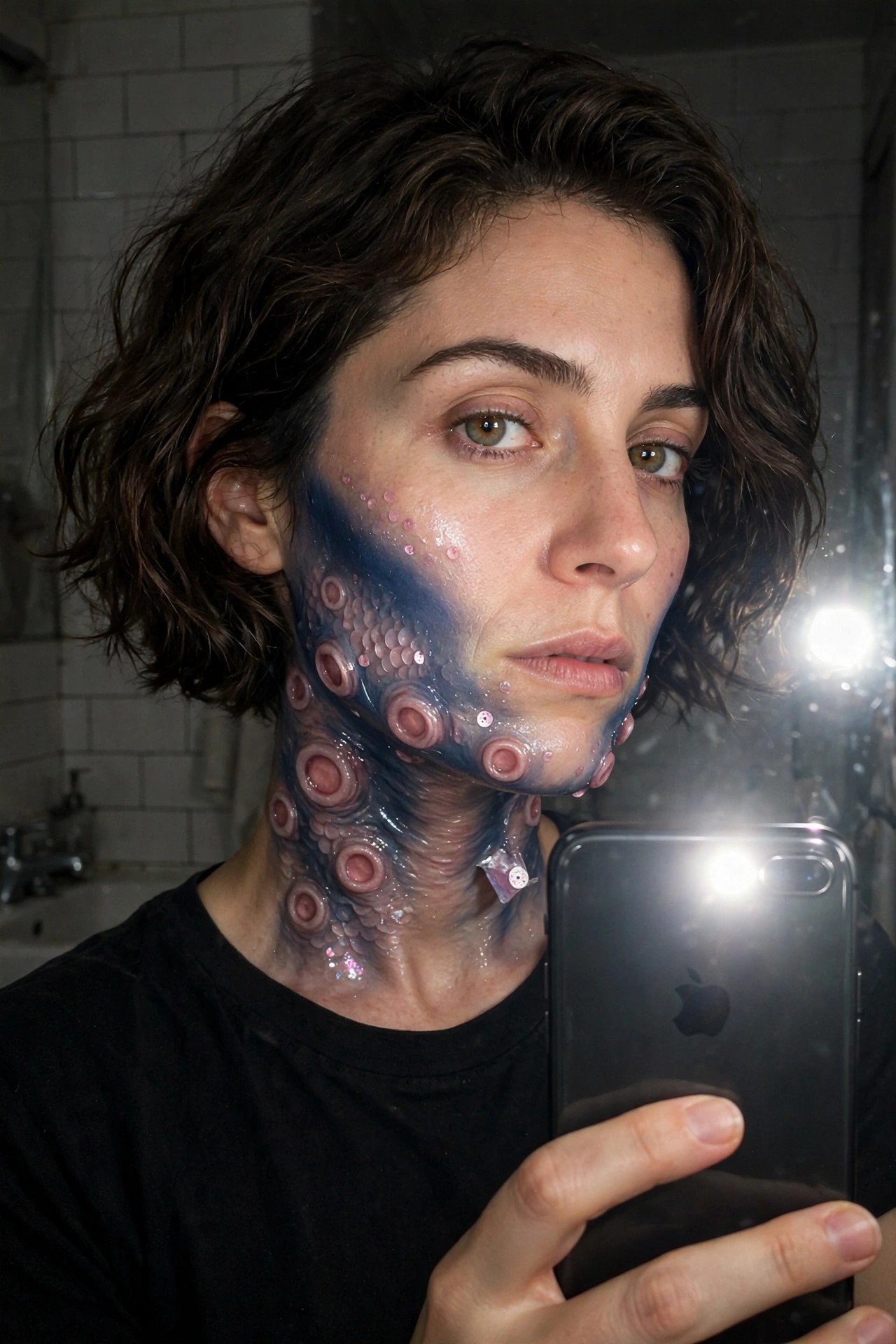 Close-up mirror selfie of a person wearing blue and purple octopus tentacle monster makeup with raised pink suckers covering the jaw, cheek, and neck.