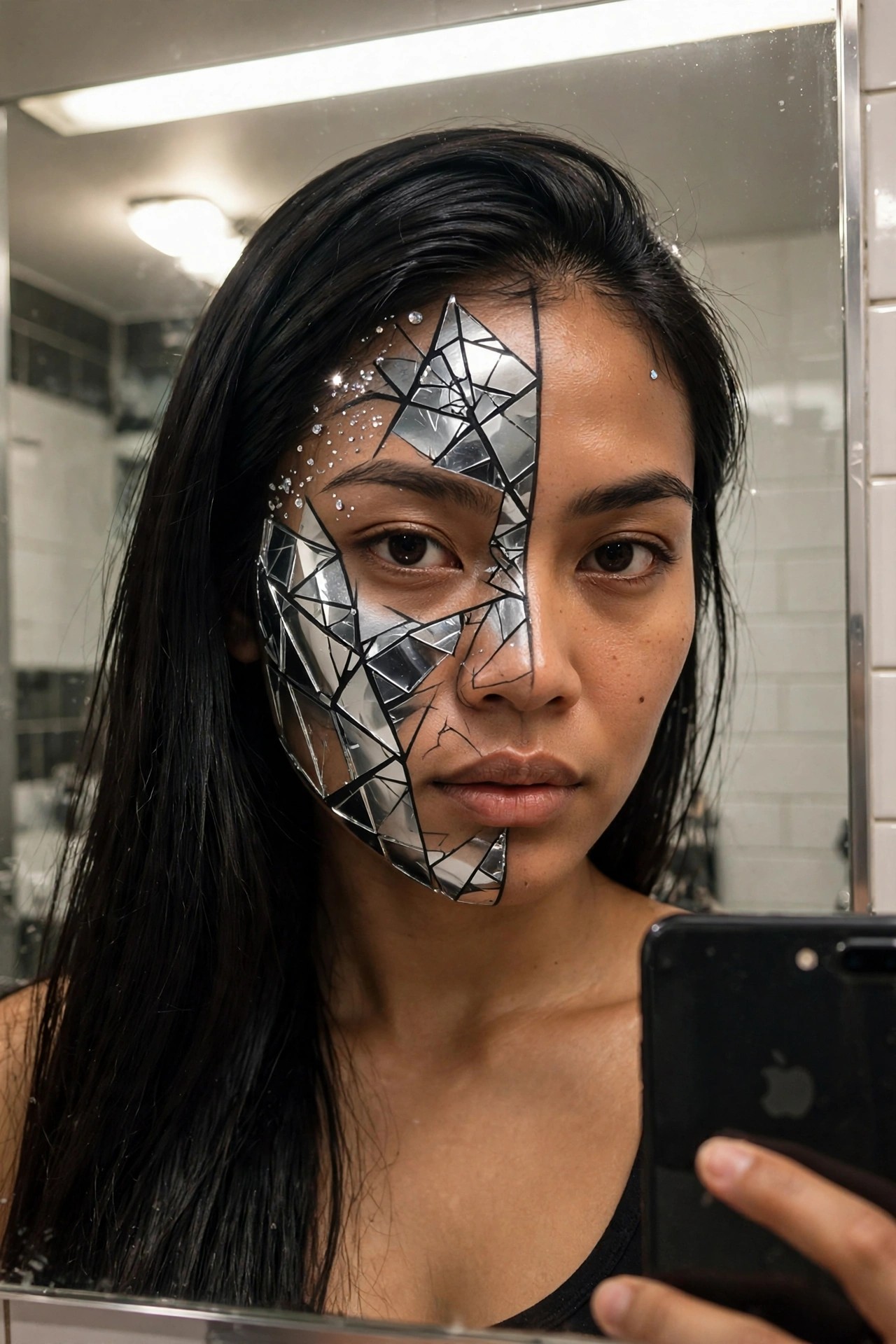 Close up of a woman wearing shattered mirror monster makeup with black geometric lines, silver foil shards, and scattered clear jewels covering the left side of her face.