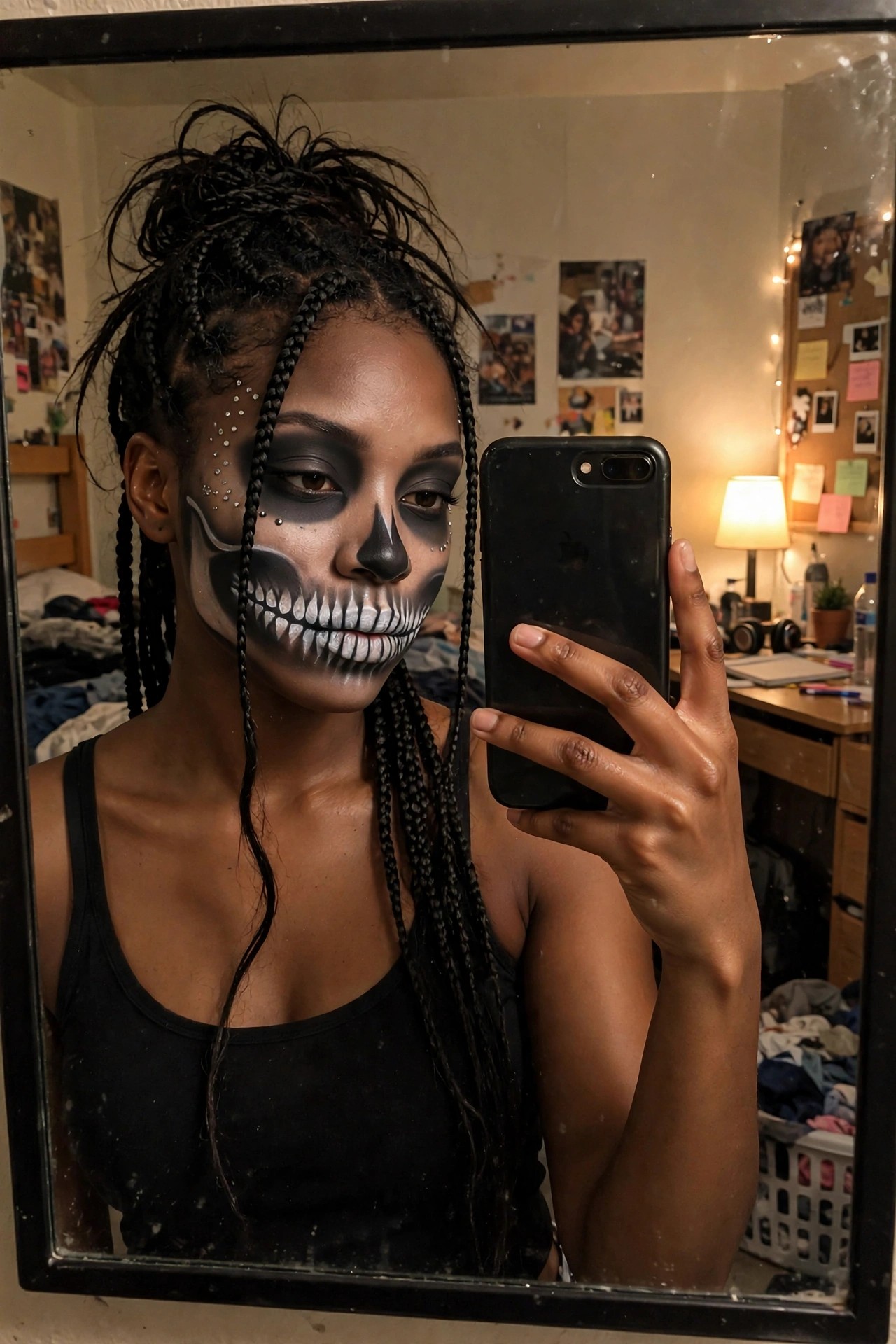 Close up of skull face paint with white teeth, black eye sockets, and small silver studs along the side of the face.