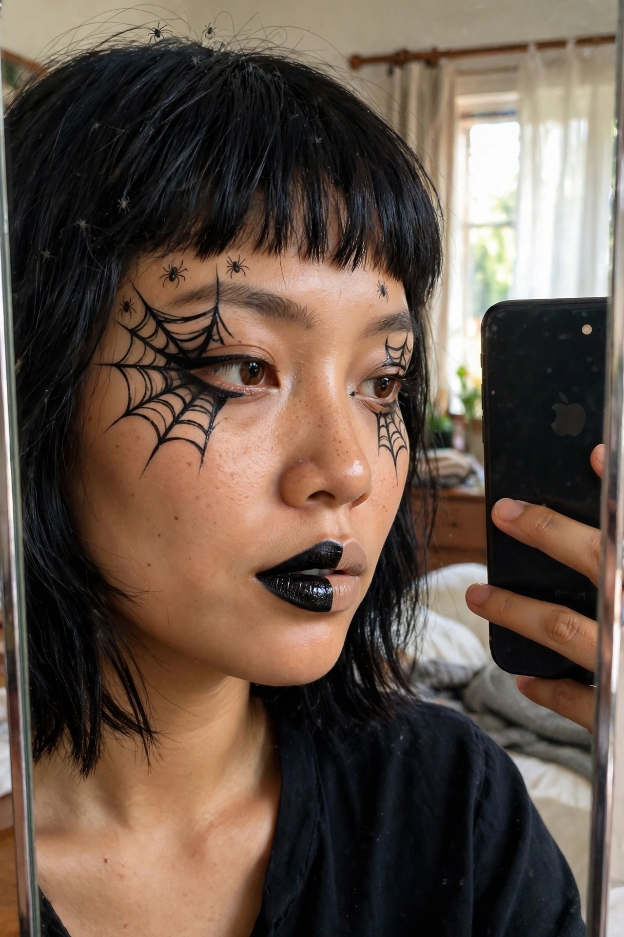 Close-up of spiderweb face paint around the eyes with small spider drawings on forehead and cheeks plus black lipstick.