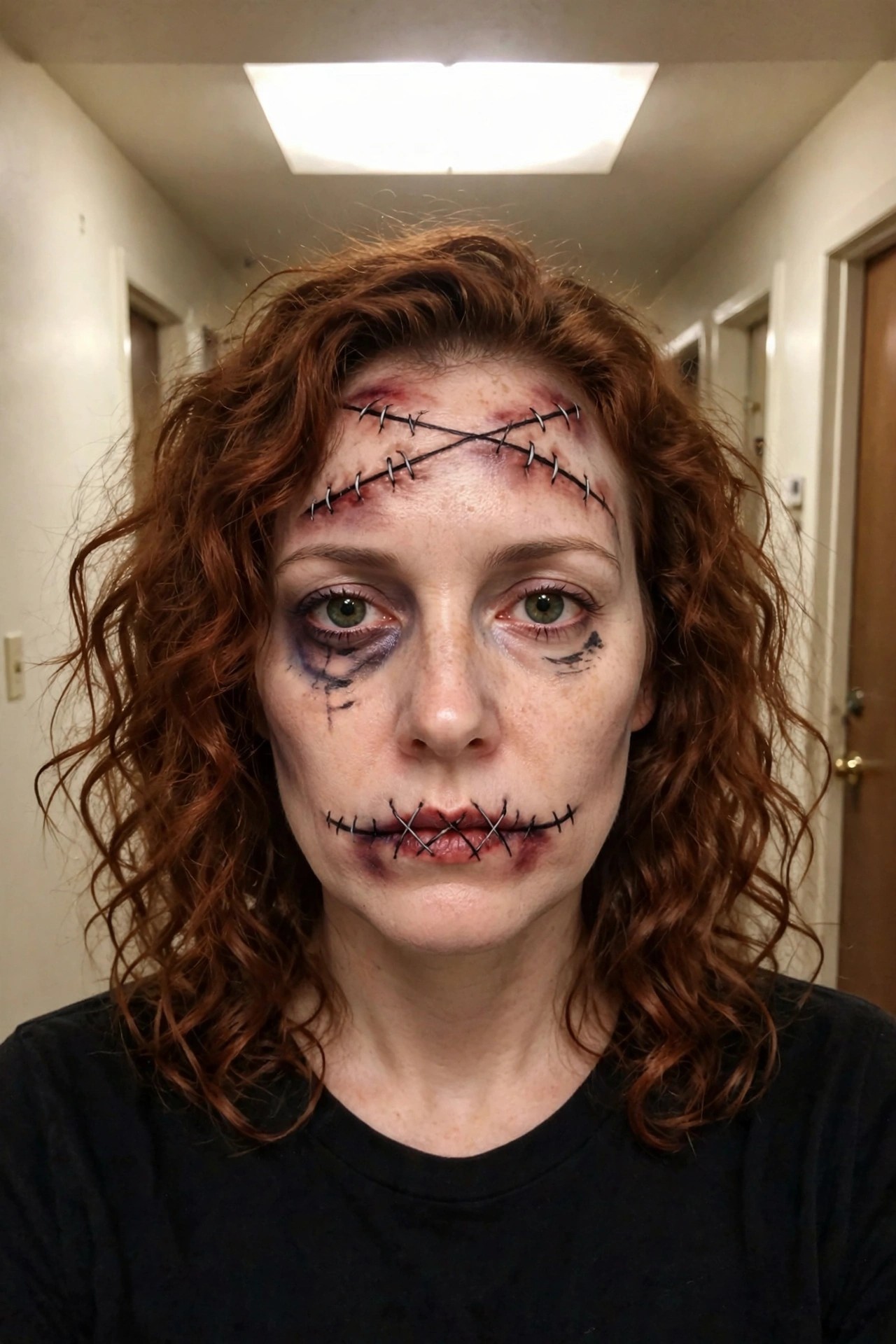 Close up of stitched monster makeup with black thread lines across forehead and mouth, dark bruising around eyes, and red marks on pale skin.