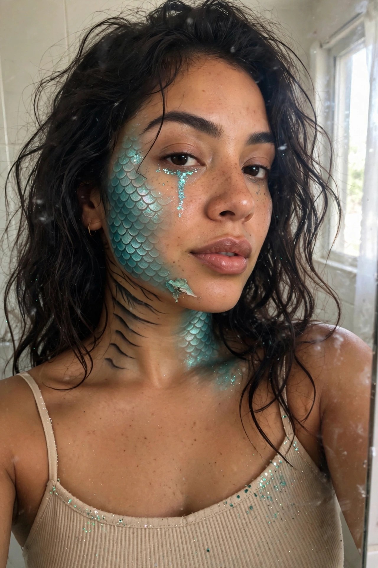 Close up of teal scale face paint covering the cheek and jaw with glitter tear streaks and black neck lines.