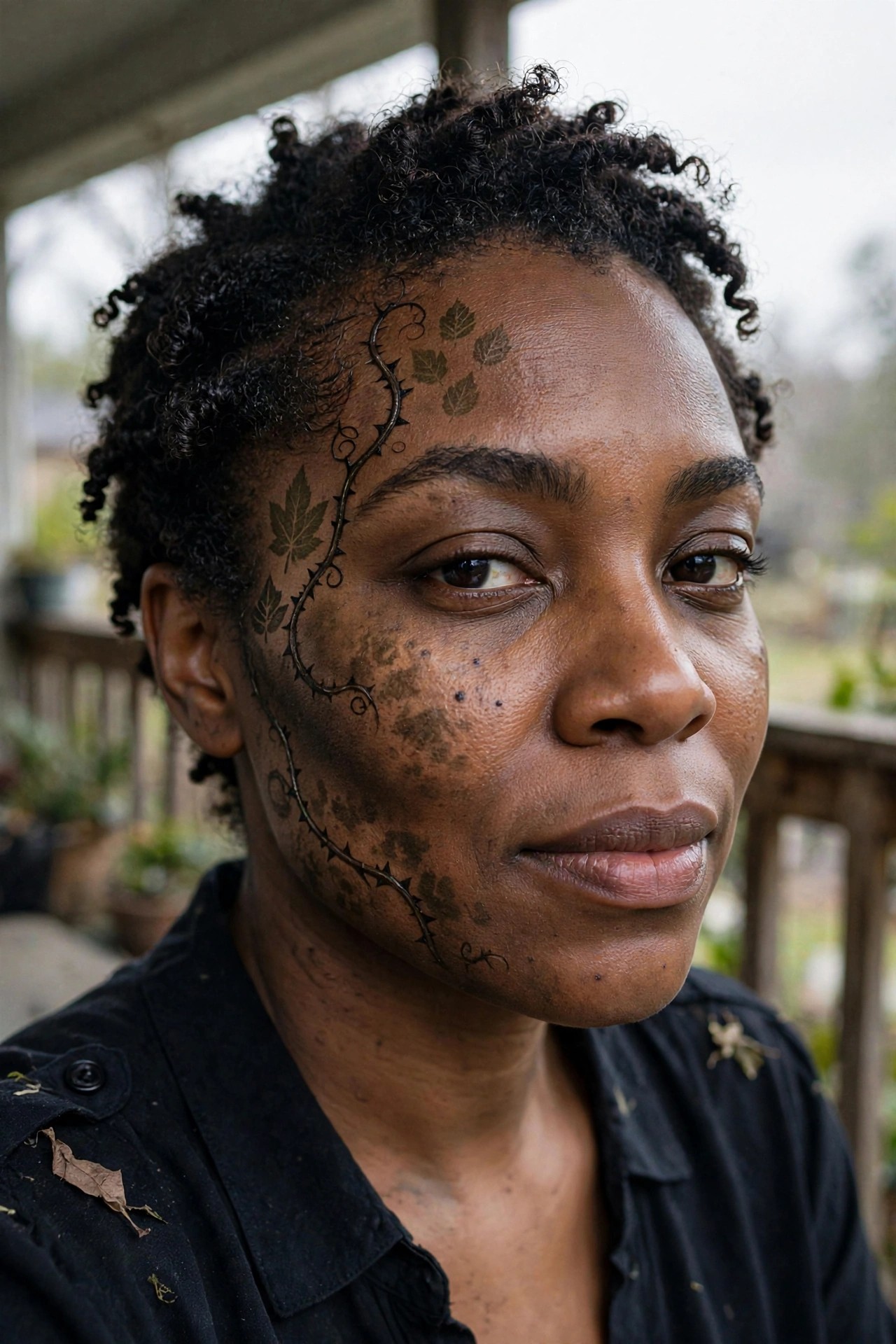 Close up of a woman with dark curly hair wearing black thorny vine and leaf face paint on the left side of her face, with brown textured patches and small dots across the cheek.