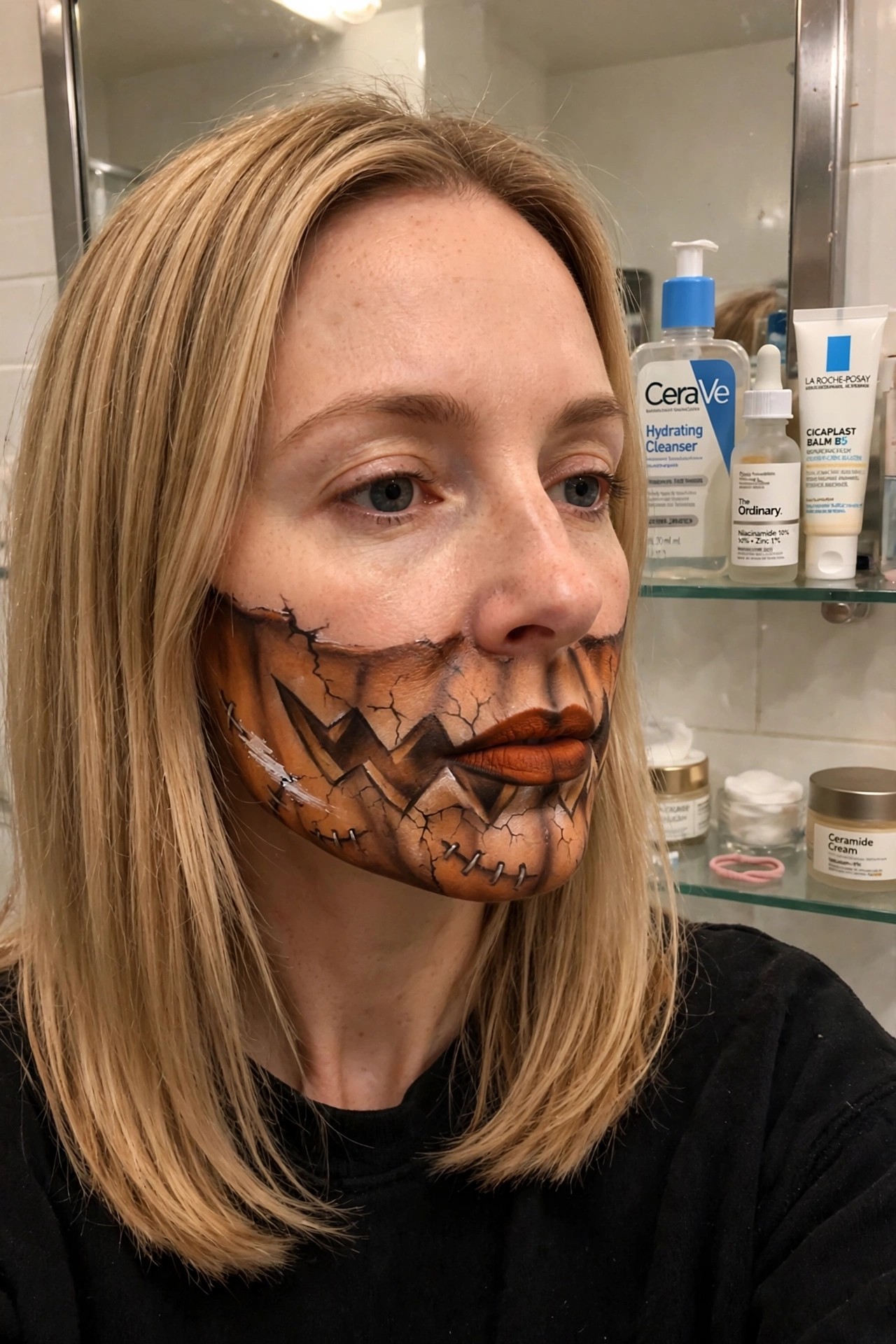 Close up of a woman with blonde hair showing half face pumpkin makeup with orange base color, black crack lines, jagged carved mouth, and stitched details on the left cheek and jaw.