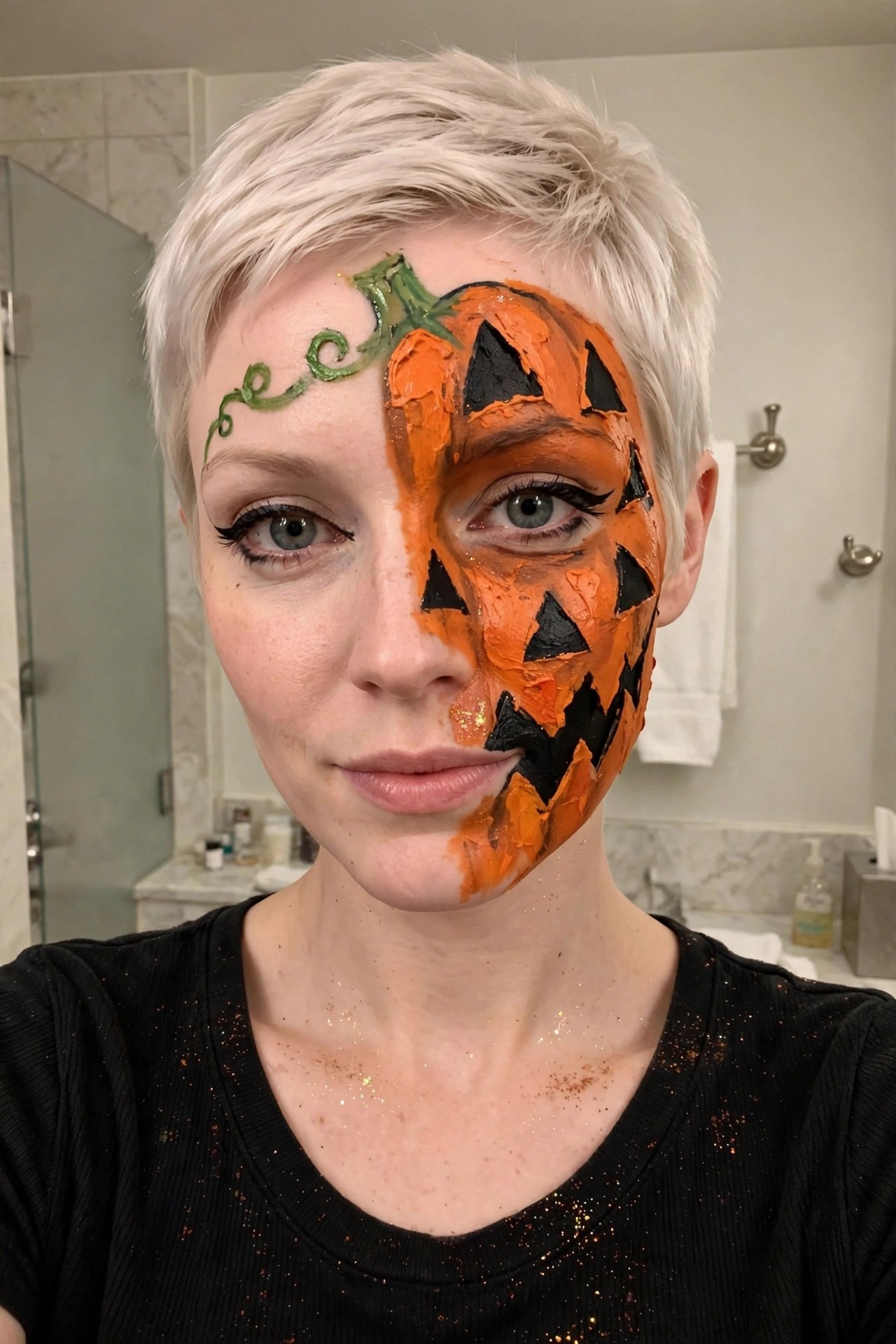 Close up of a woman with short platinum hair showing half face painted orange as a jack o lantern with black triangle eyes and mouth plus green stem and vine on the forehead.