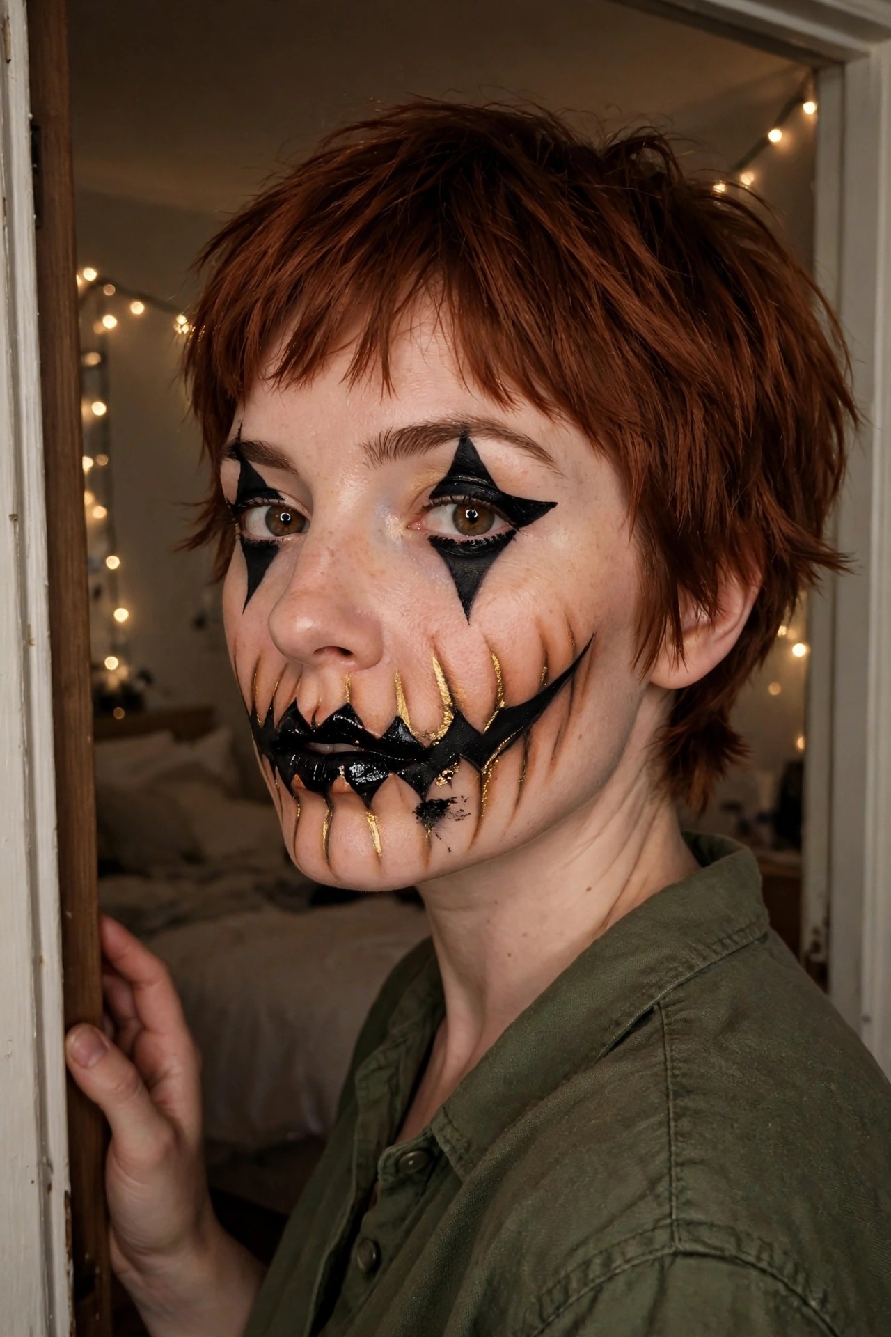 Close up of face with black triangular eye makeup and jagged black mouth with gold accents resembling carved pumpkin design.