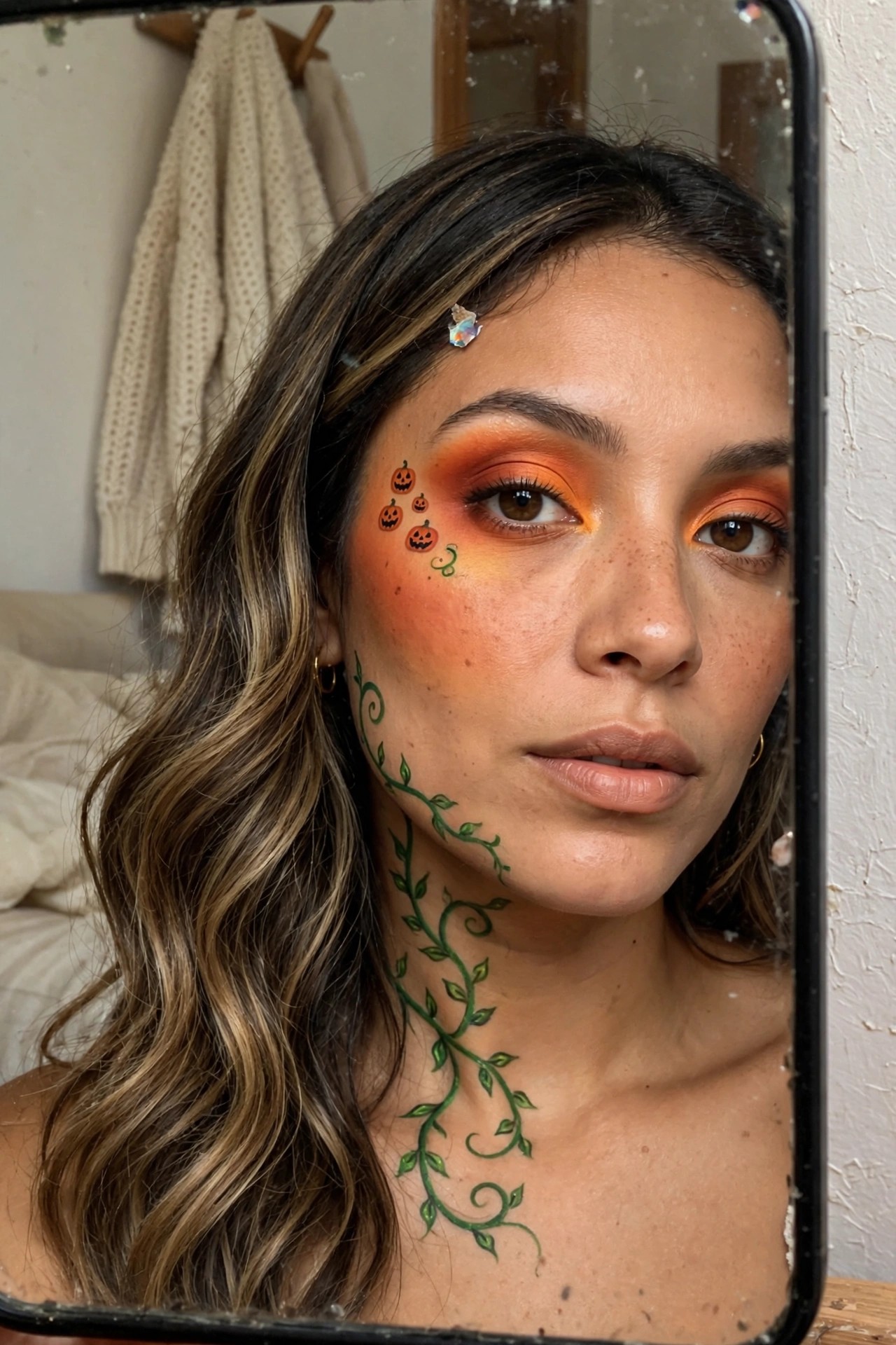 Close-up of orange gradient eyeshadow with small painted pumpkins clustered on the cheek and green vine designs extending onto the neck.