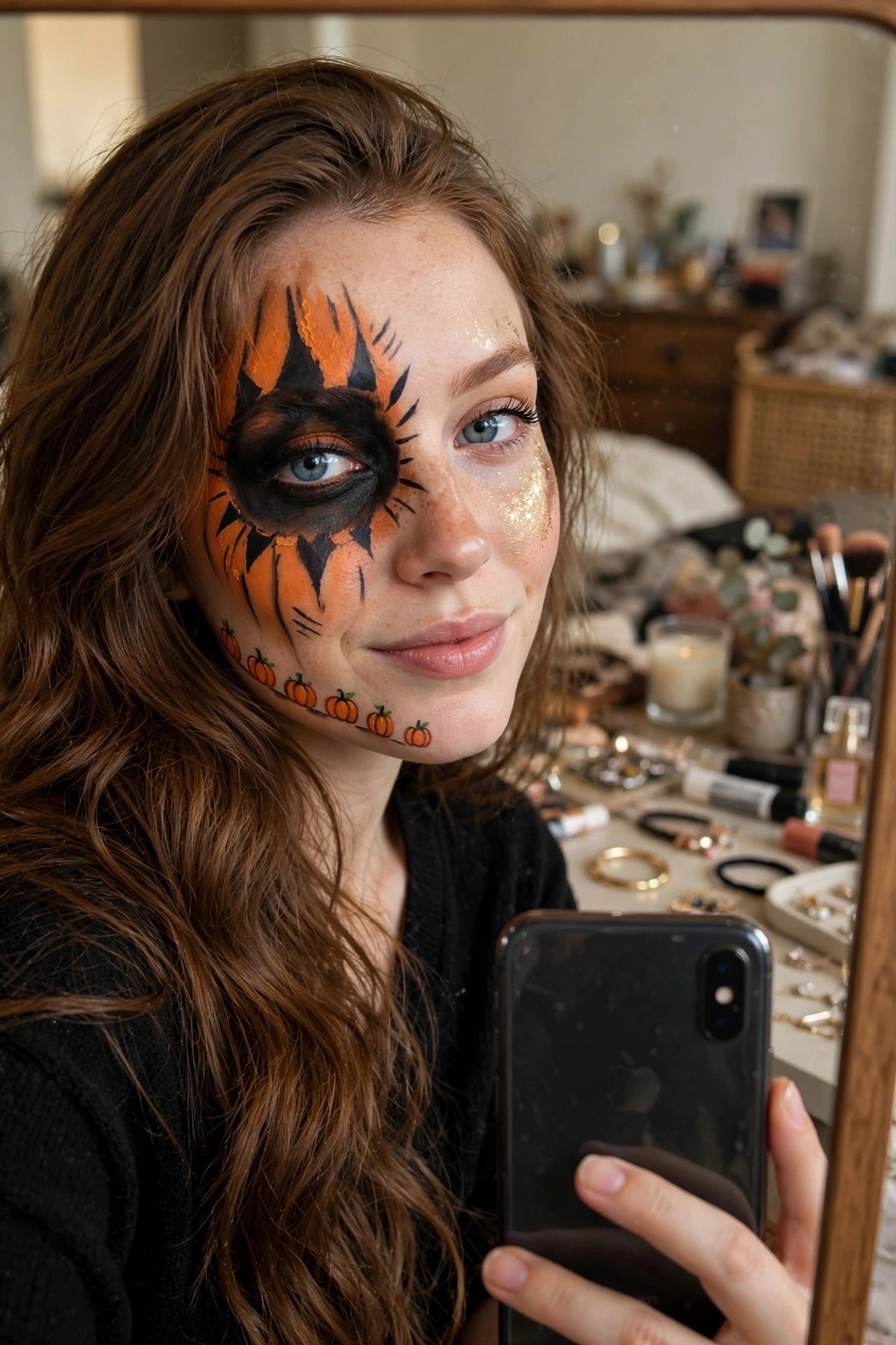 Close up of pumpkin face paint with orange and black flame details around one eye and small painted pumpkins along the jawline.
