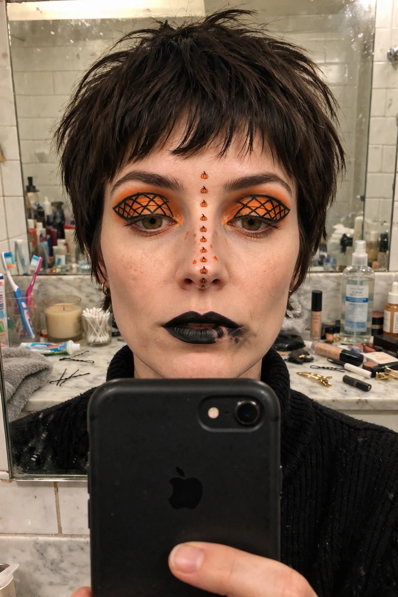 Close up of pumpkin makeup featuring bright orange eyeshadow, black grid liner on the lids, and small painted pumpkins along the forehead and nose.