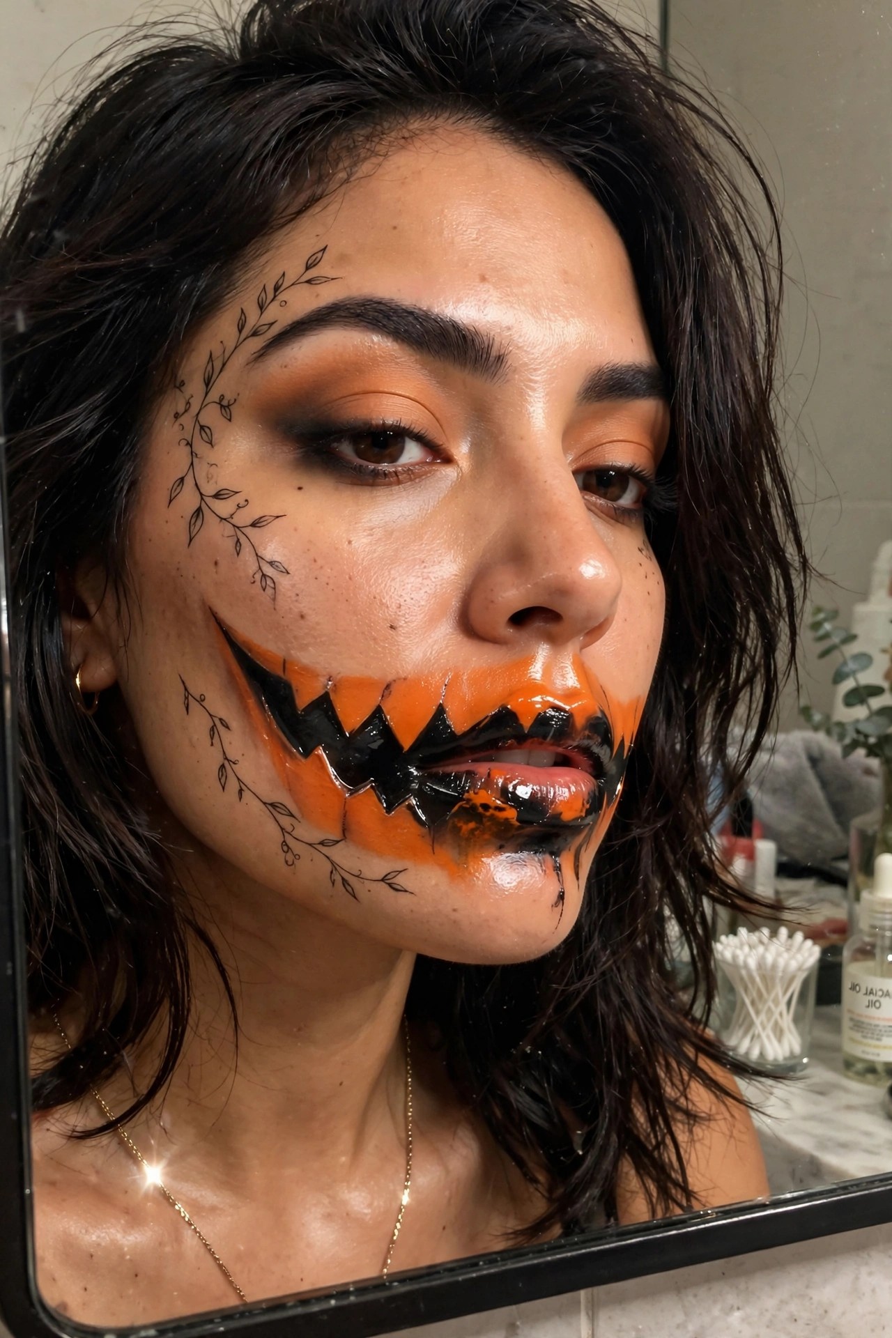 Close up of pumpkin face paint with orange and black jack o lantern mouth design plus black vine drawings on the cheeks and forehead.