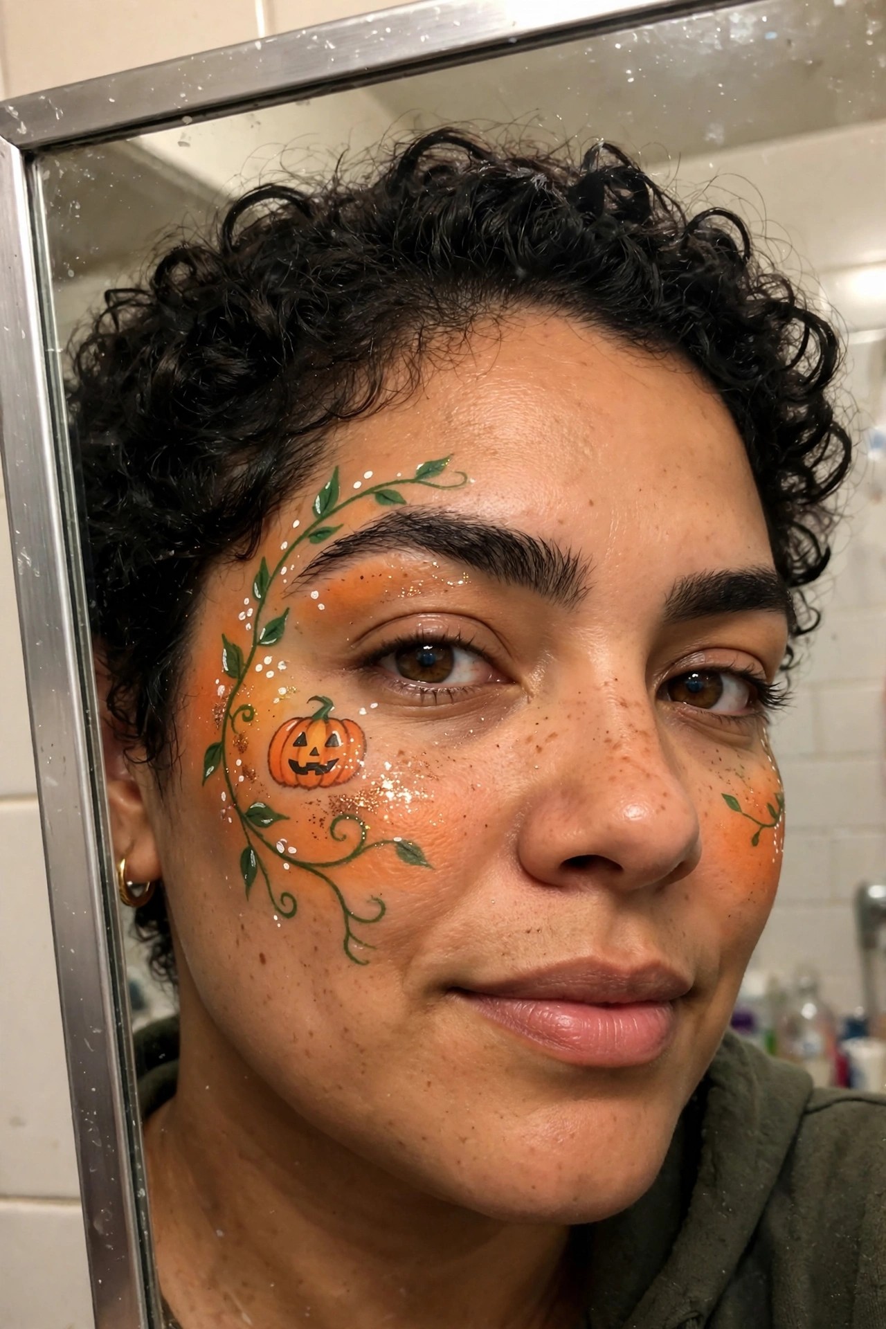 Close up of orange pumpkin face paint with green vines around the eye and a small carved jack o lantern on the cheek.