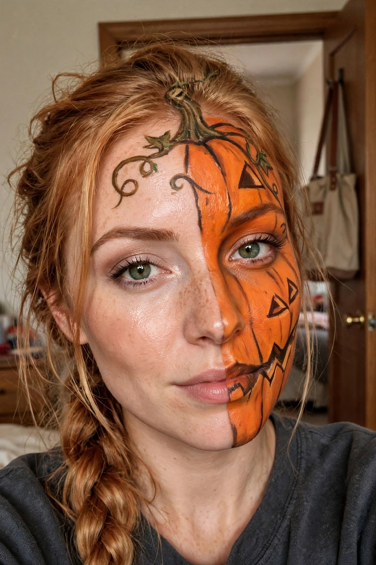 close up of a woman with the right half of her face painted orange as a jack o lantern with black triangle eyes jagged mouth and a painted stem and vines on the forehead while the left half remains natural skin with freckles and everyday makeup