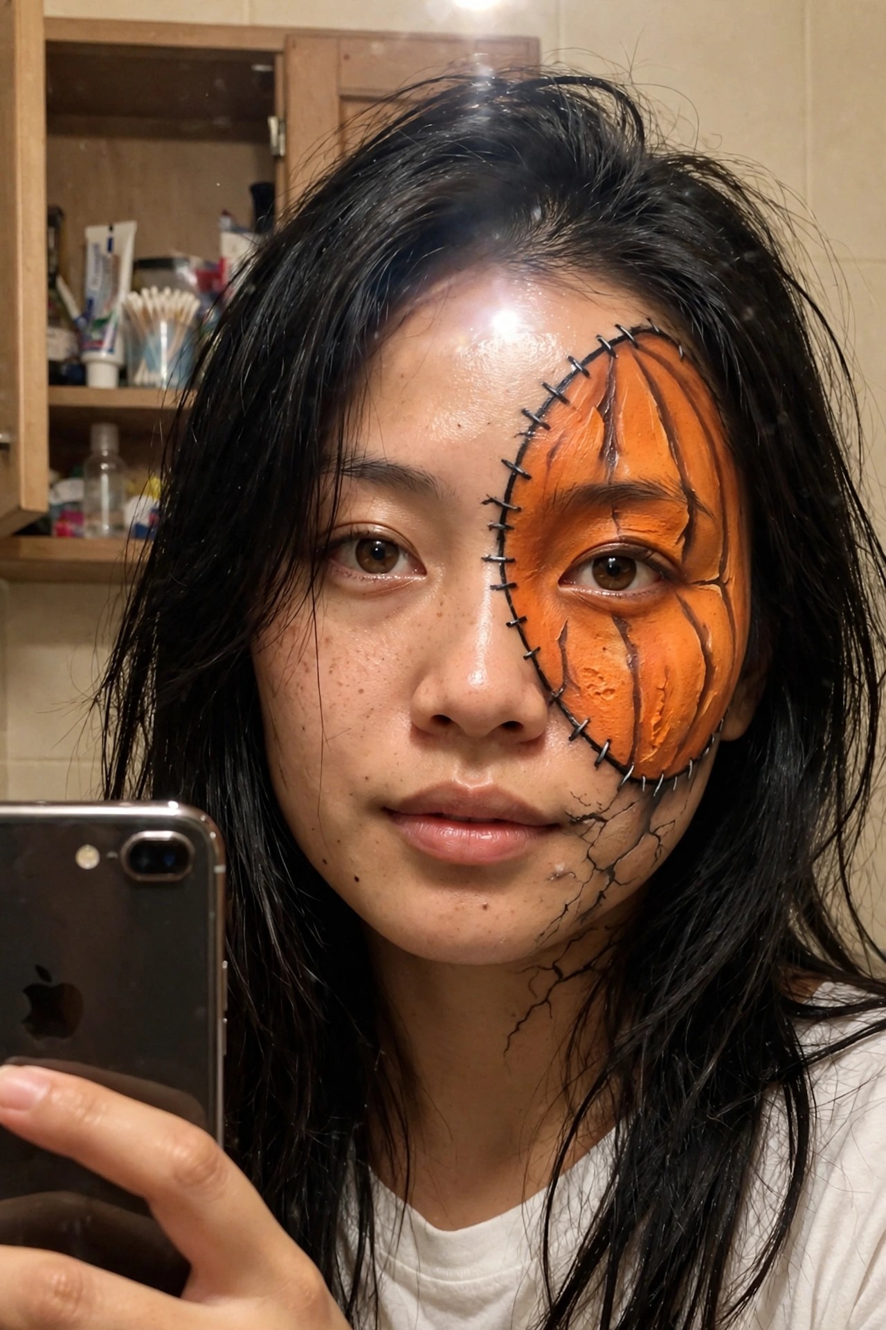Close-up of half-face pumpkin makeup with orange paint, black segment lines, and stitched seam separating painted and natural skin.
