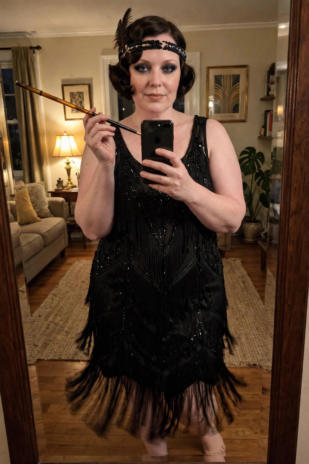 Woman wearing a black sequined and fringed flapper dress with a beaded feather headband and holding a long cigarette holder.
