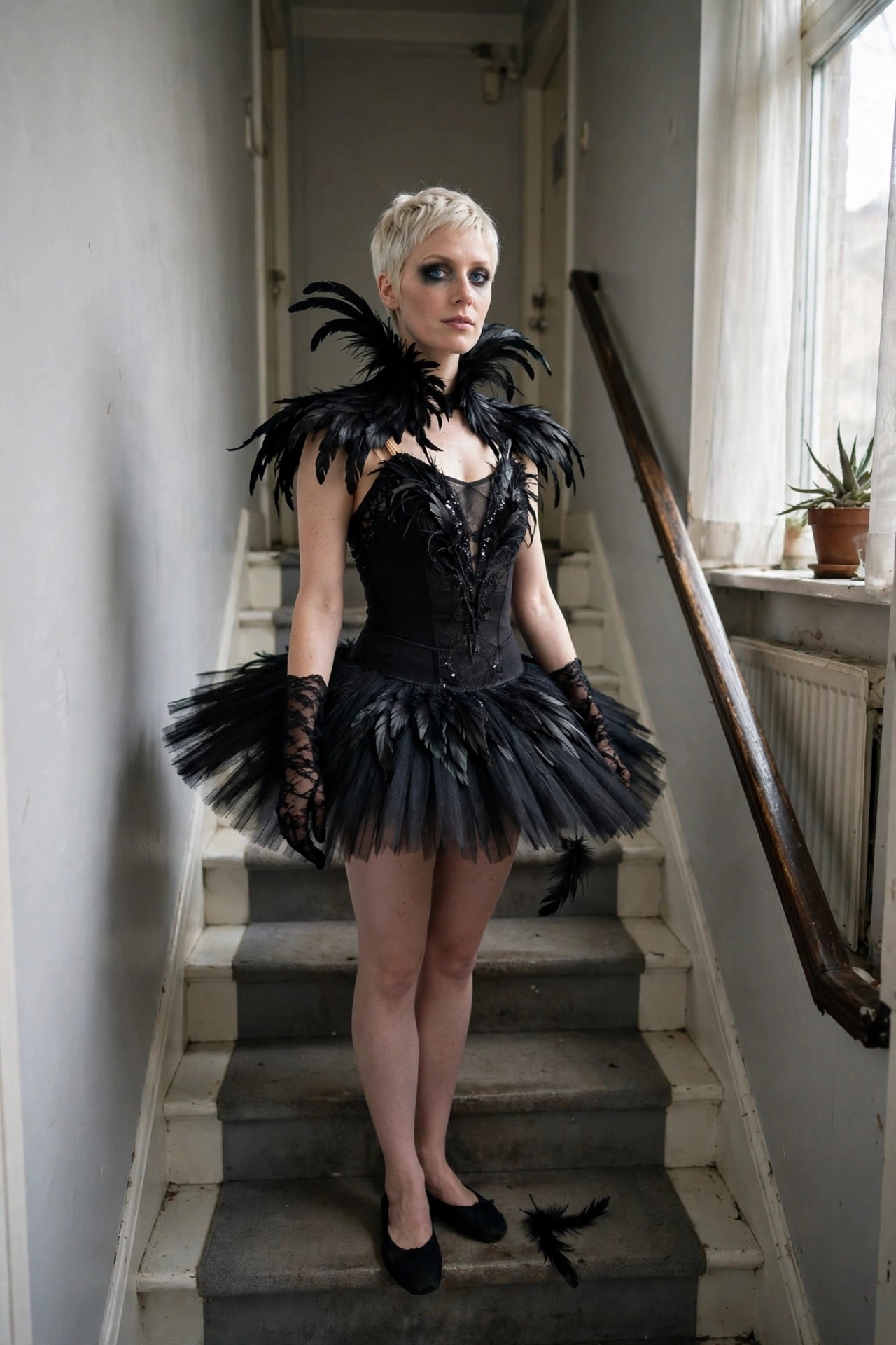 Woman wearing a black feathered tutu and corset with matching feathered shoulder piece and lace gloves in a Black Swan style Halloween costume.