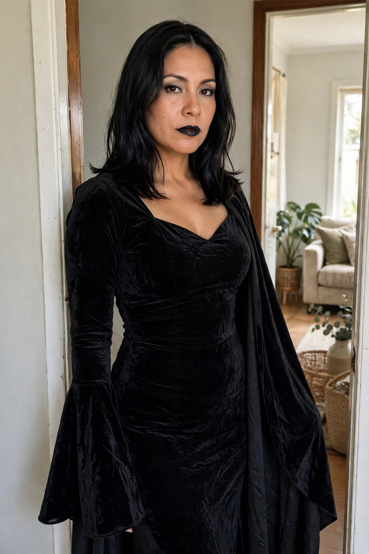 Woman wearing a long black velvet dress with flared bell sleeves and a draped black fabric over one shoulder, paired with black lipstick and dark eye makeup.
