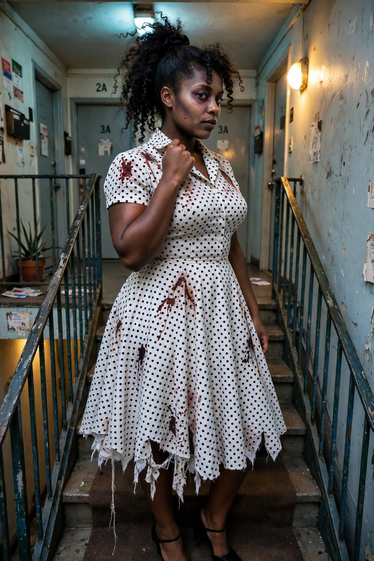Woman wearing a white polka dot dress with blood stains and torn hem along with facial bruises for a horror costume.