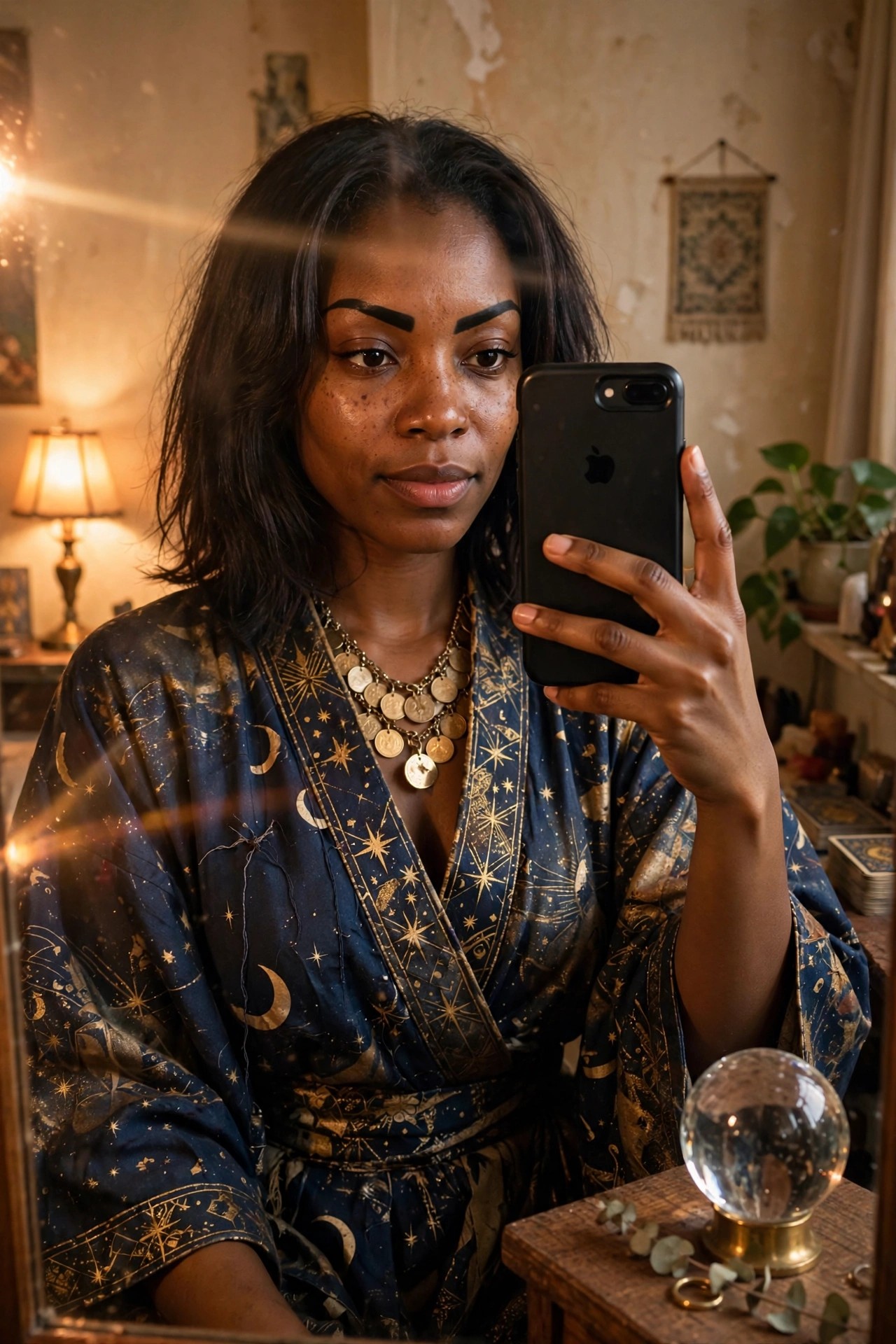 Woman wearing a dark blue robe printed with gold moons stars and celestial patterns holding a phone for a mirror selfie with a crystal ball nearby.