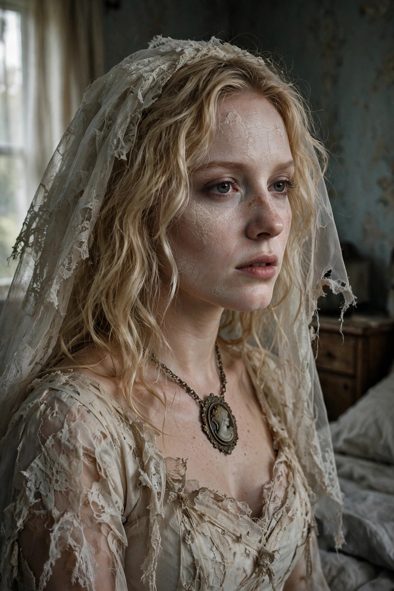 Woman wearing a tattered white lace Victorian-style dress and veil with cracked porcelain makeup covering her face and neck, plus a cameo pendant necklace.