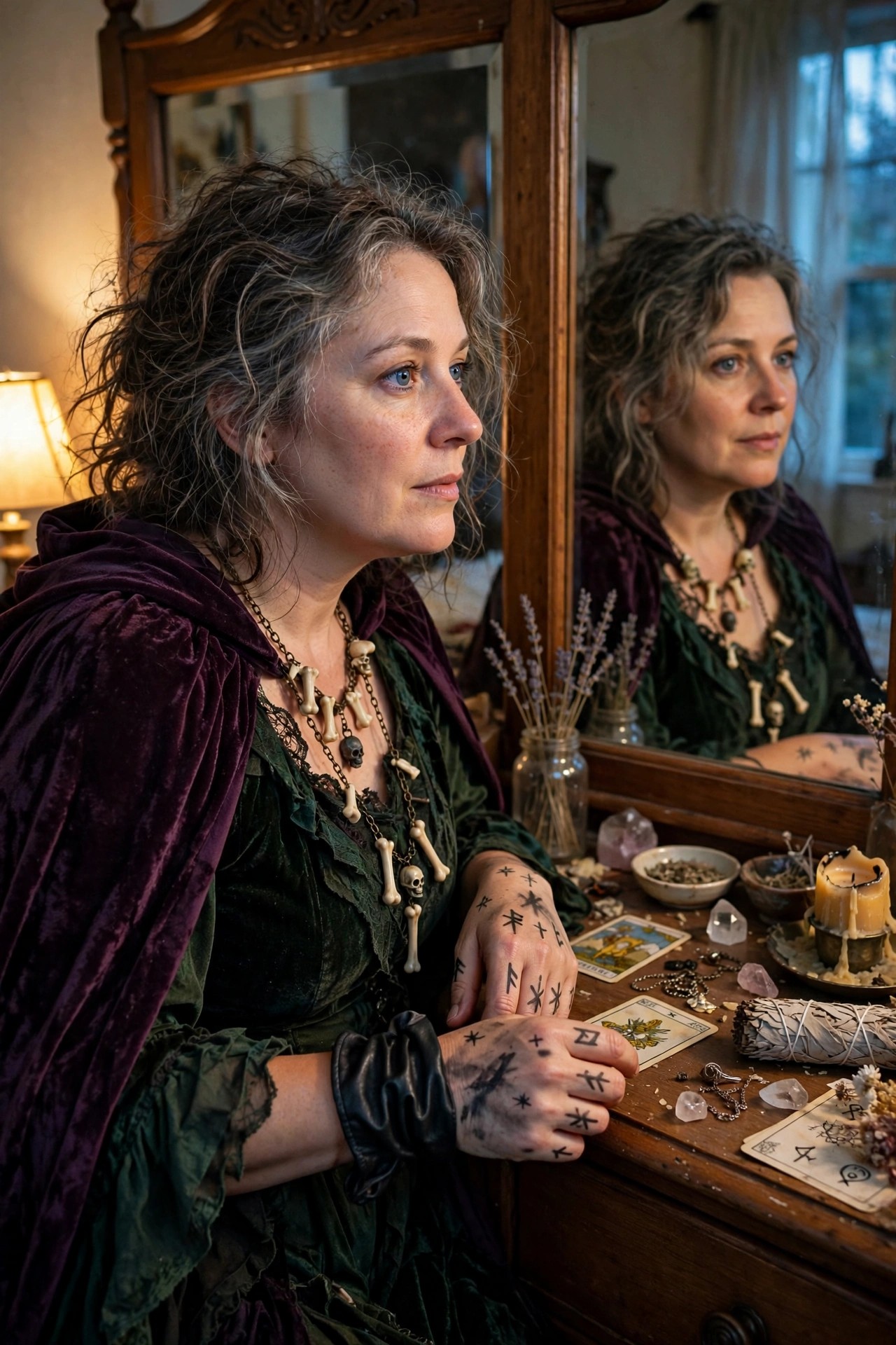 Woman wearing a hooded purple velvet cape over a green velvet dress with multiple bone and skull necklaces and rune symbols drawn on her hands, seated at a vanity with tarot cards, crystals, a candle, and herbs.