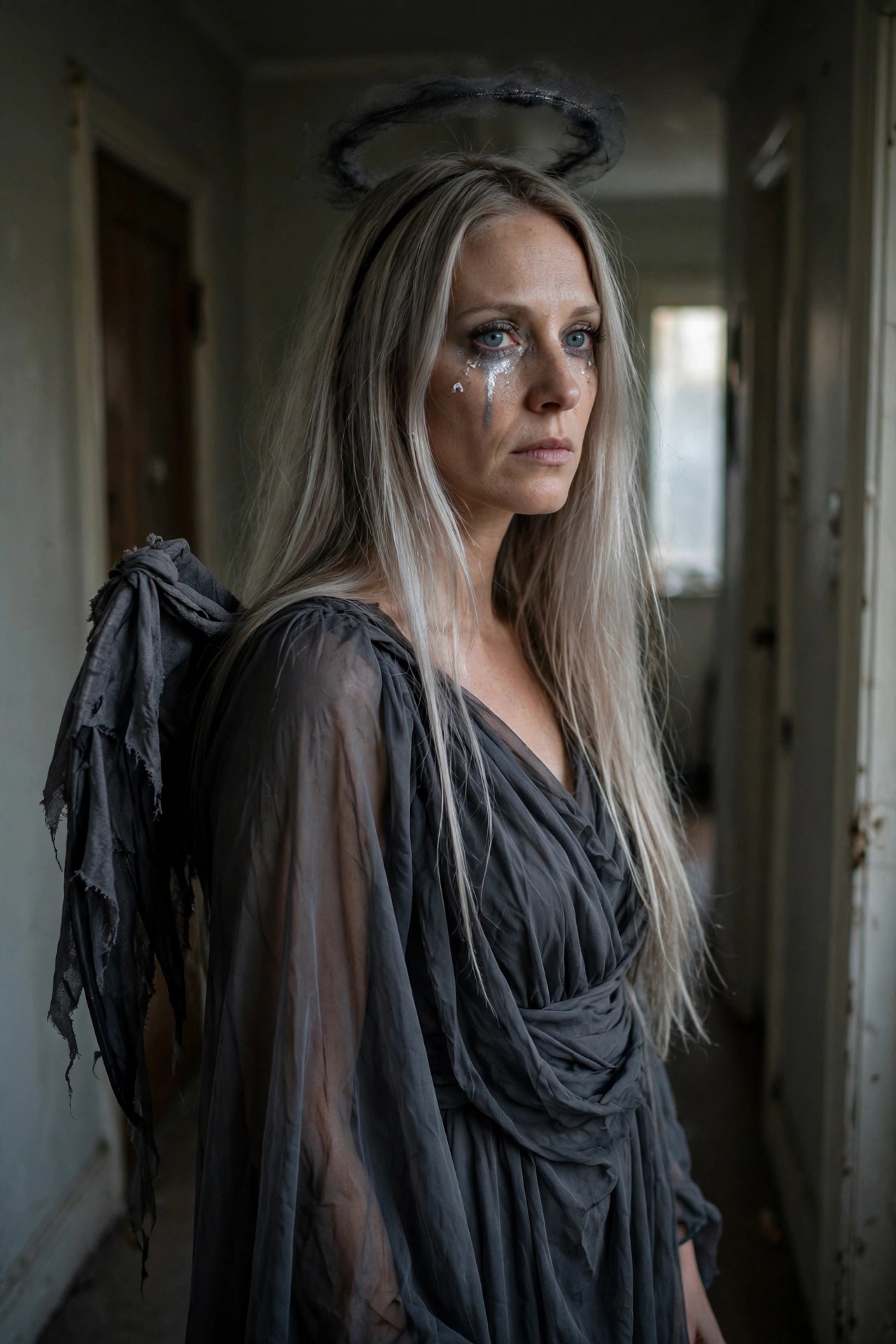 Woman wearing a fallen angel Halloween costume with tattered black wings, black halo, gray layered dress, and silver tear-like face paint.