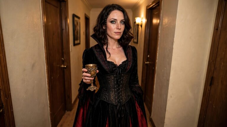 Woman wearing a black velvet high-collared jacket and ornate black corset with a full velvet skirt, holding an ornate silver goblet.