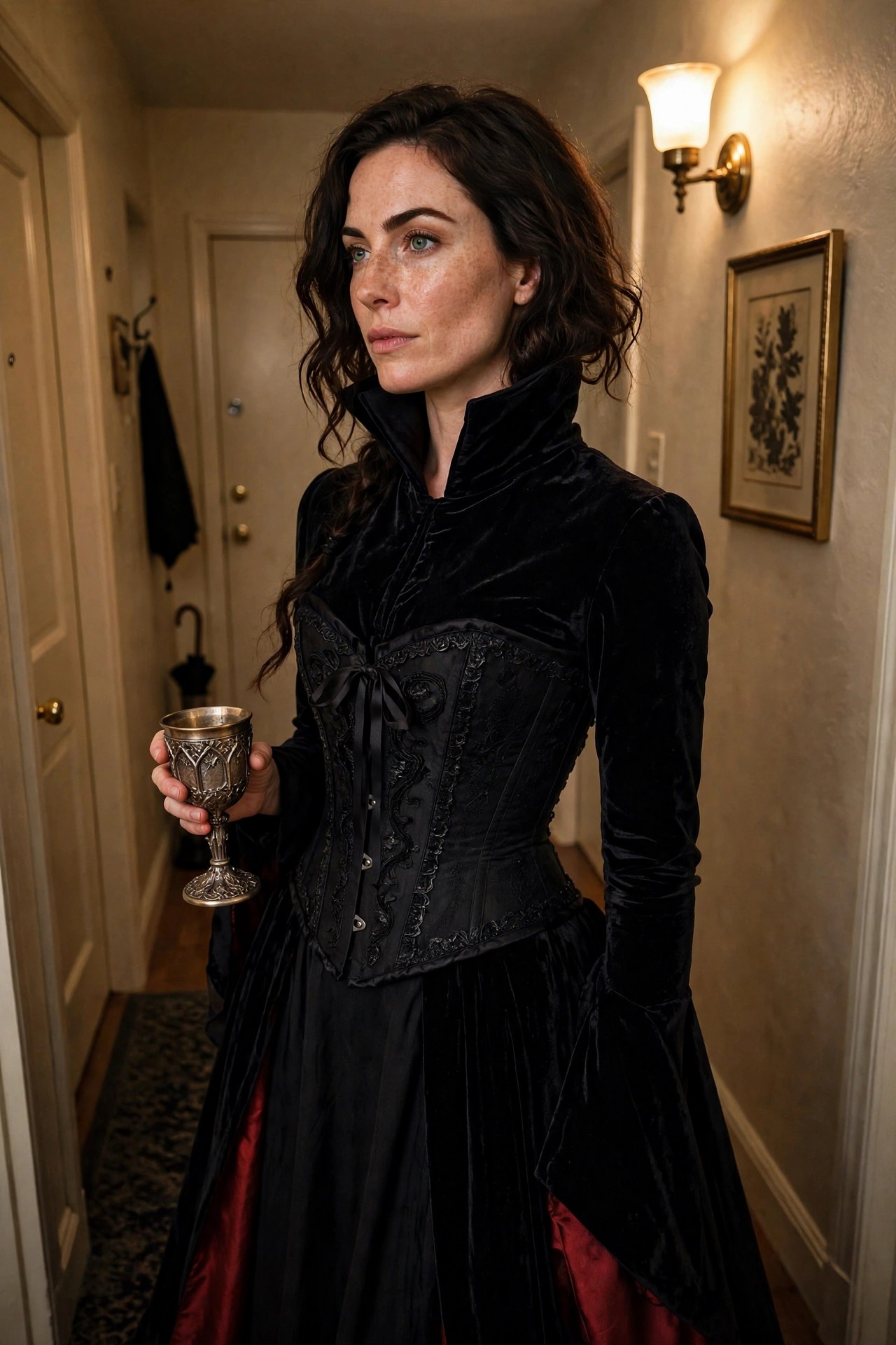 Woman wearing a black velvet high-collared jacket and ornate black corset with a full velvet skirt, holding an ornate silver goblet.