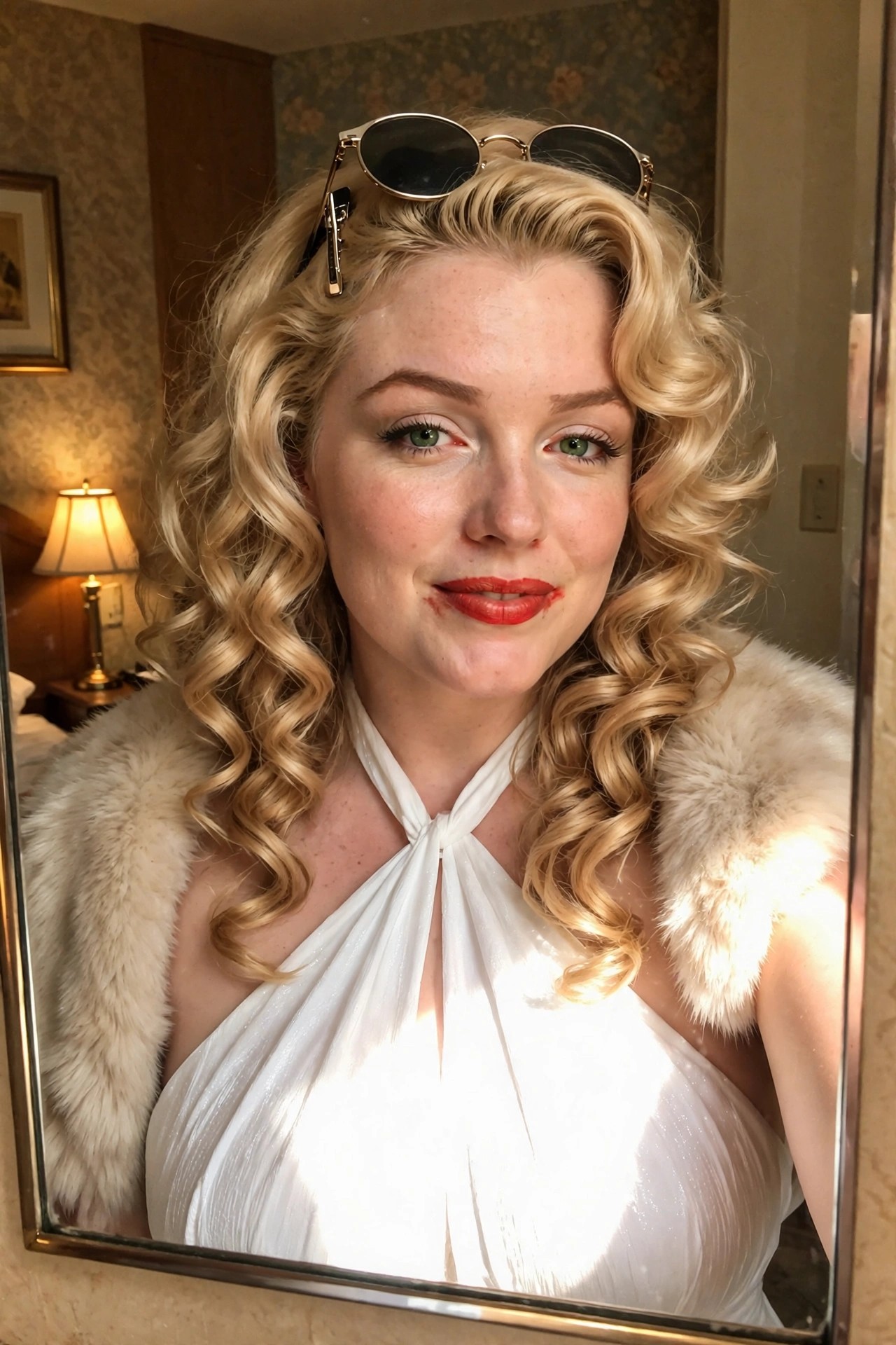 Woman wearing a white halter top with fur stole, blonde curly hair, red lipstick, and sunglasses on her head in a Marilyn Monroe style costume.