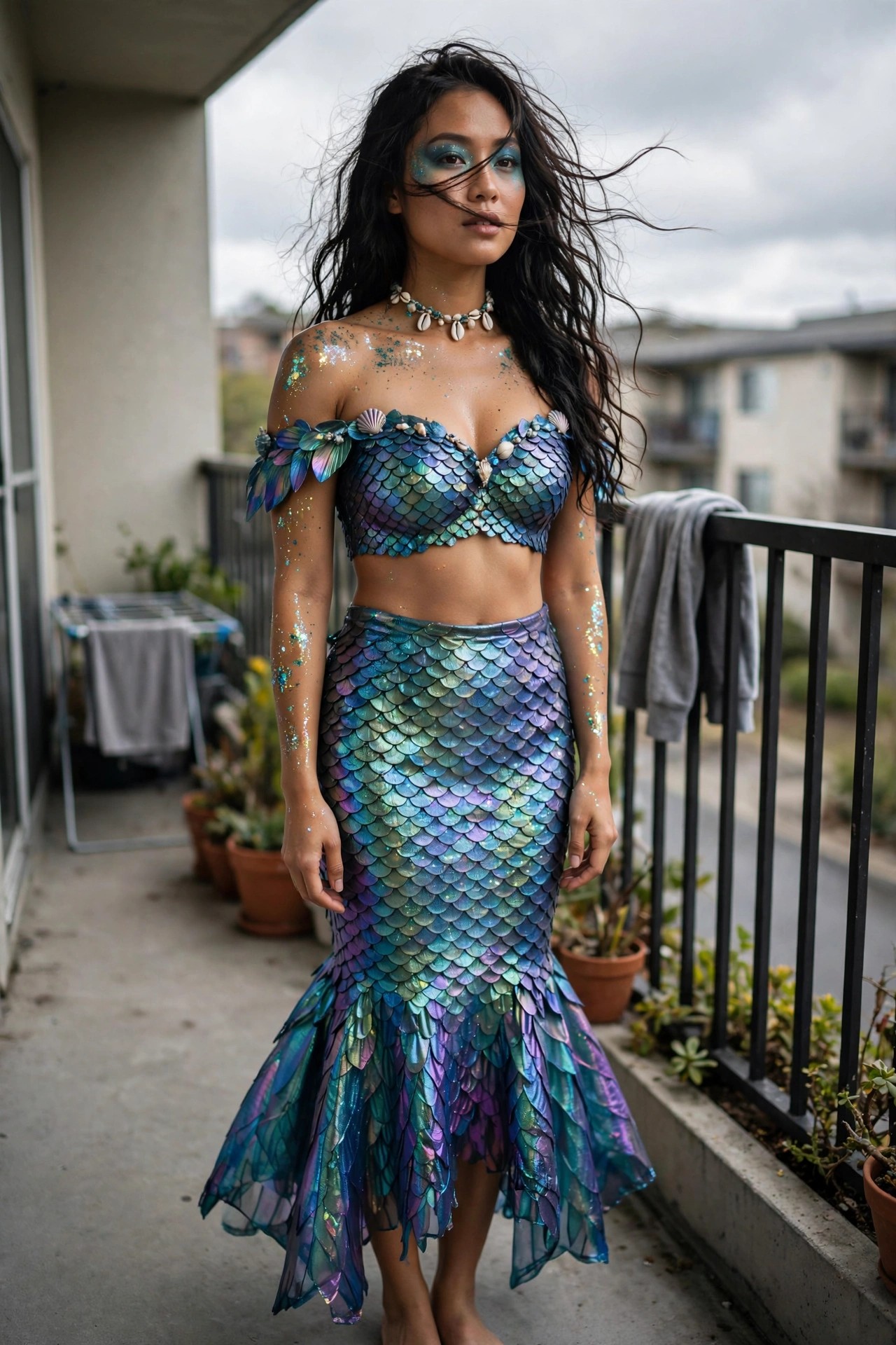 Woman wearing an iridescent scale patterned mermaid costume with shell details on the top and a matching scaled skirt.