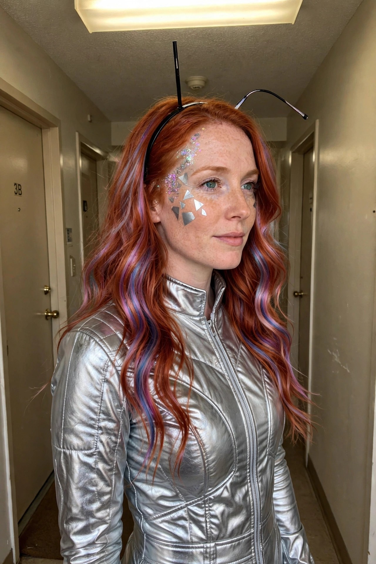 Woman wearing a silver metallic jumpsuit with antennae headband, silver triangle face accents, and multicolored red hair for an alien costume.