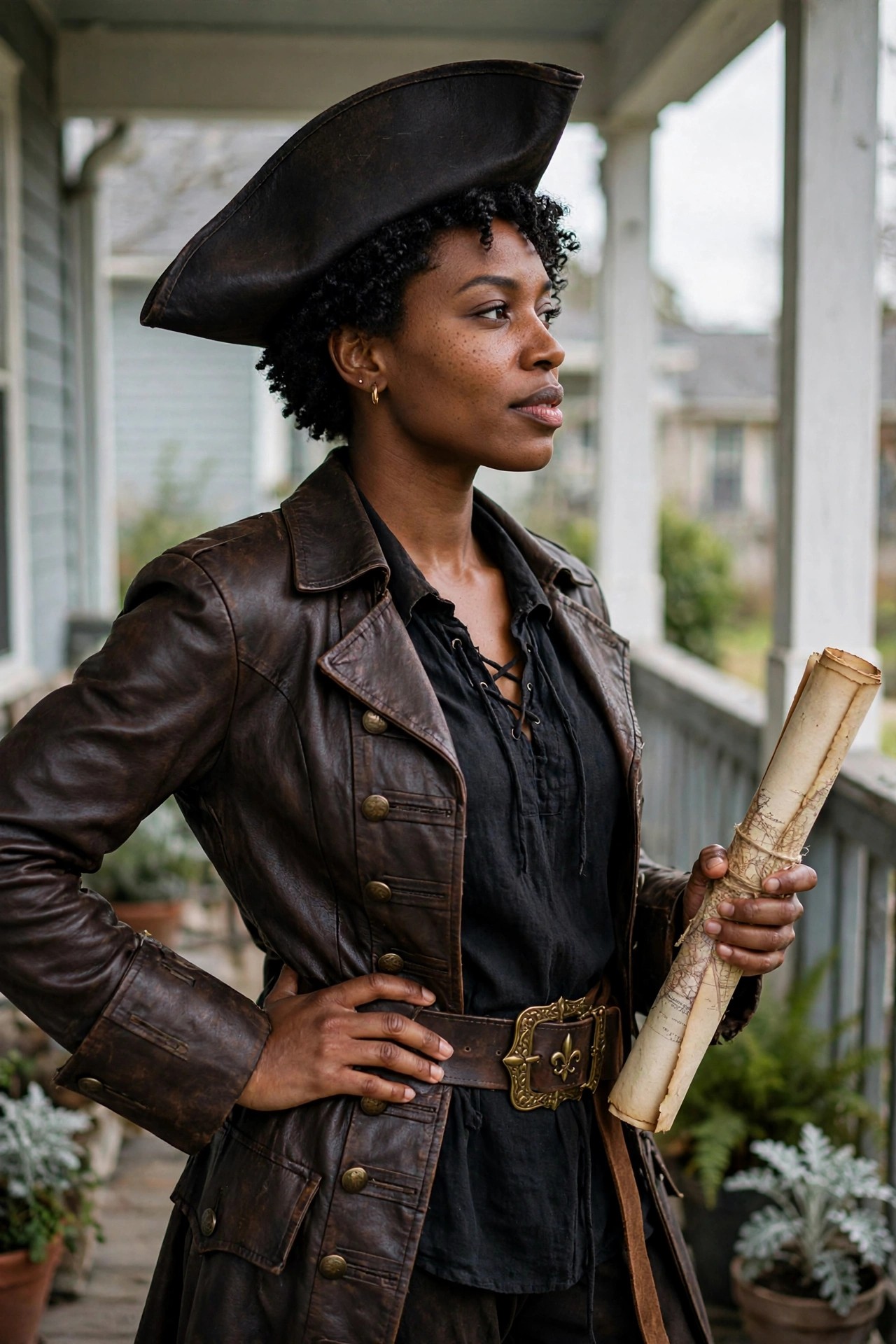 Woman wearing a brown leather pirate coat, tricorn hat, and belt with fleur-de-lis buckle while holding a rolled map.