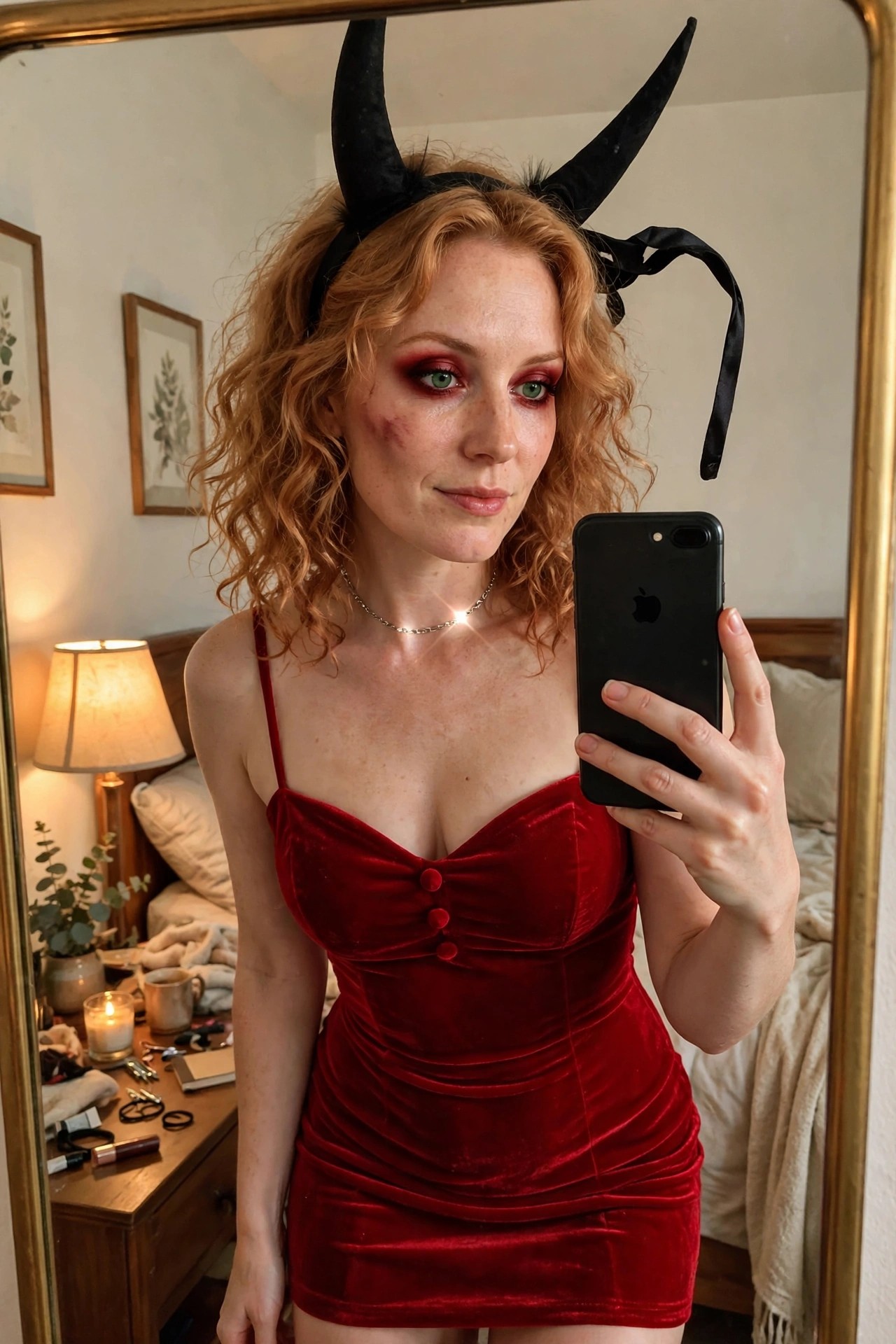Woman wearing a red velvet mini dress with black devil horns and red eye makeup taking a mirror selfie.