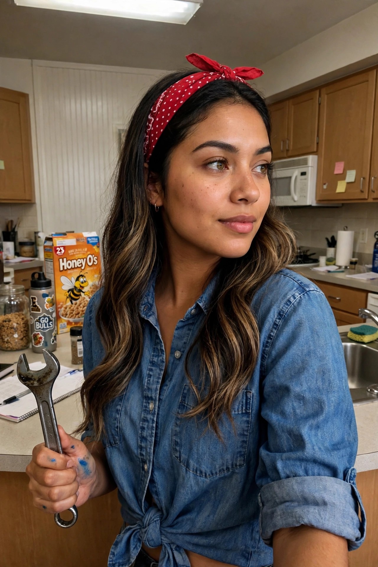 Woman wearing a red polka dot bandana and tied denim shirt while holding a wrench as a Rosie the Riveter costume.