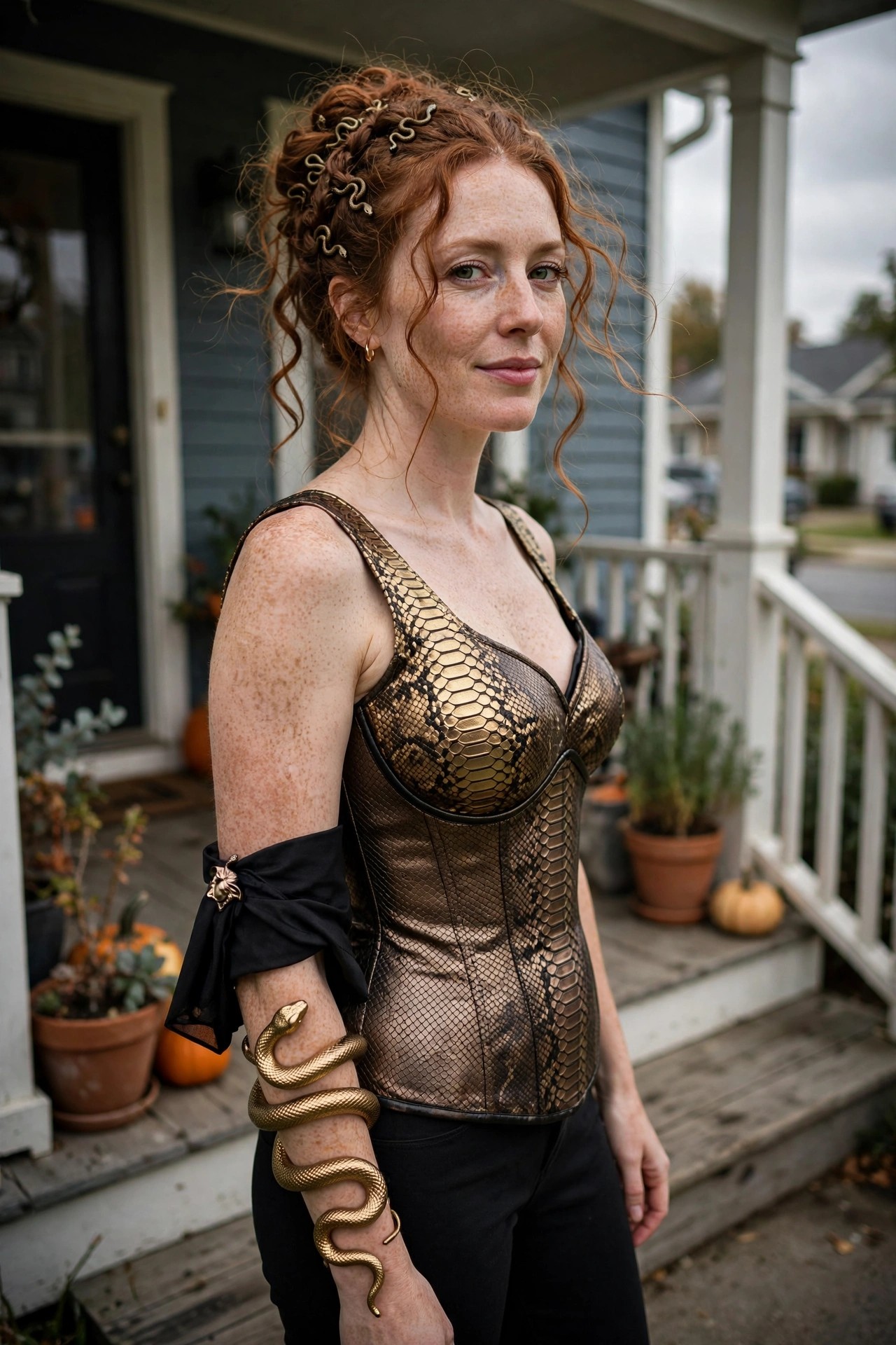 Woman wearing a gold snakeskin corset top with matching snake arm cuff and snake hair accessories in an updo.