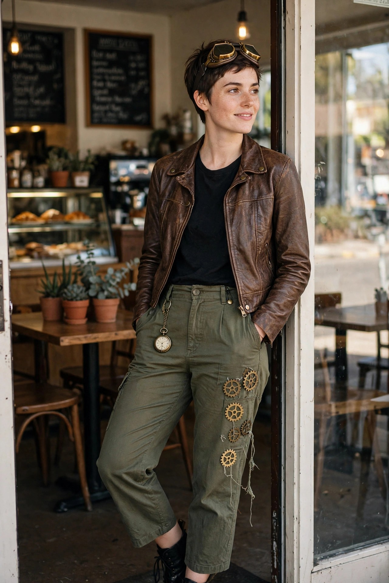 Woman wearing steampunk costume with brown leather jacket, olive cargo pants decorated with brass gears, pocket watch on chain, and goggles on short hair.