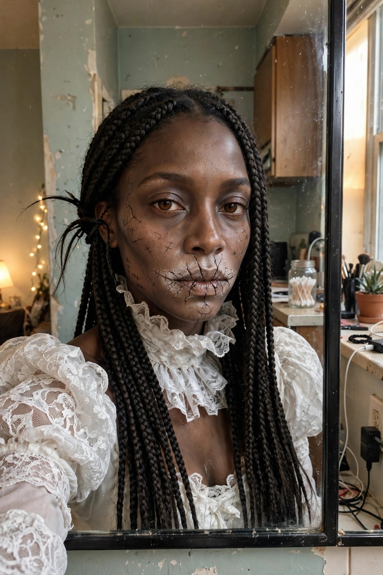 Woman wearing a white lace Victorian-style blouse with ruffled collar and dramatic cracked porcelain face paint with black stitches for a ghost bride Halloween costume.
