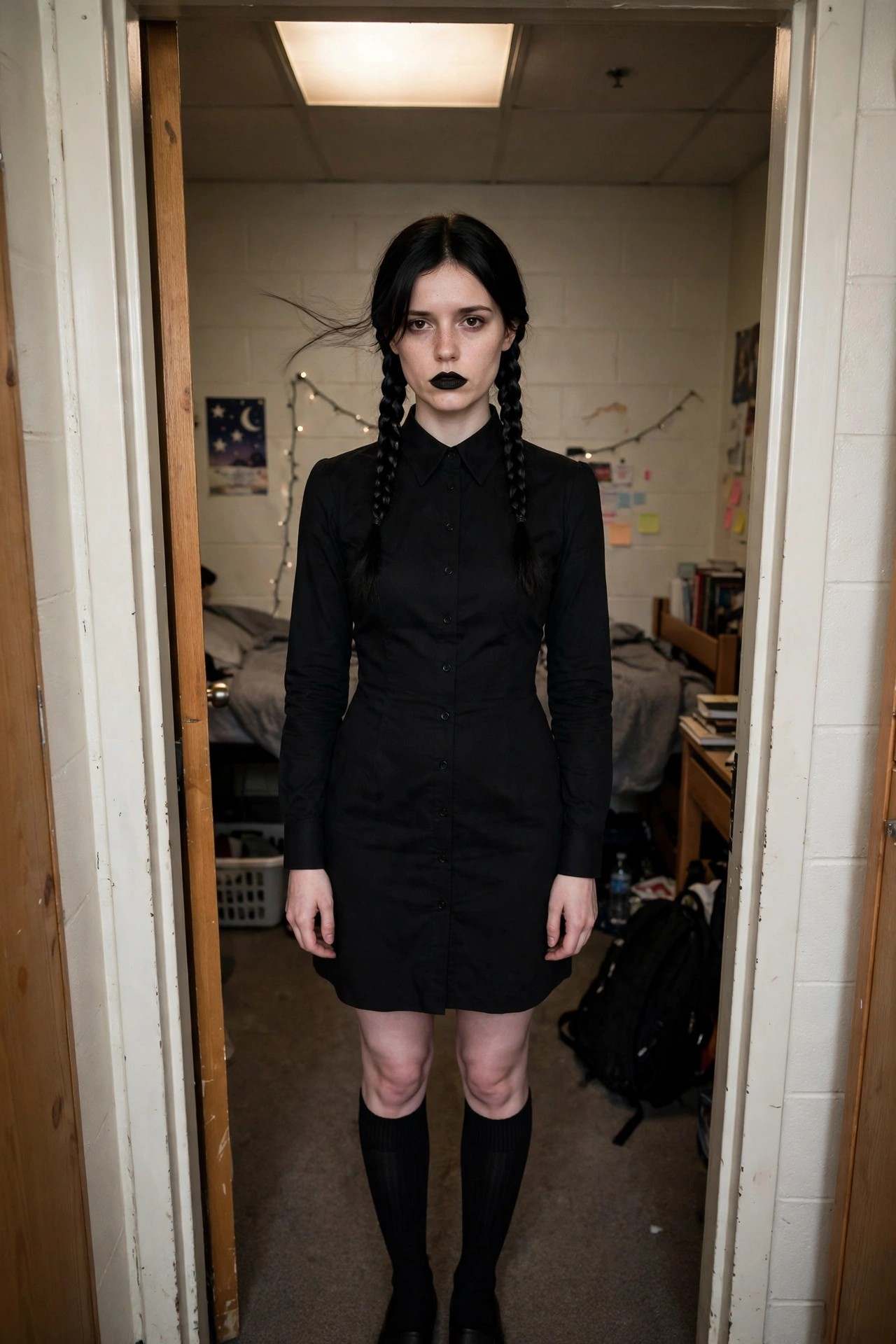 Woman wearing a black button down dress with black tights and two long braids standing in a dorm doorway as a Wednesday Addams costume.