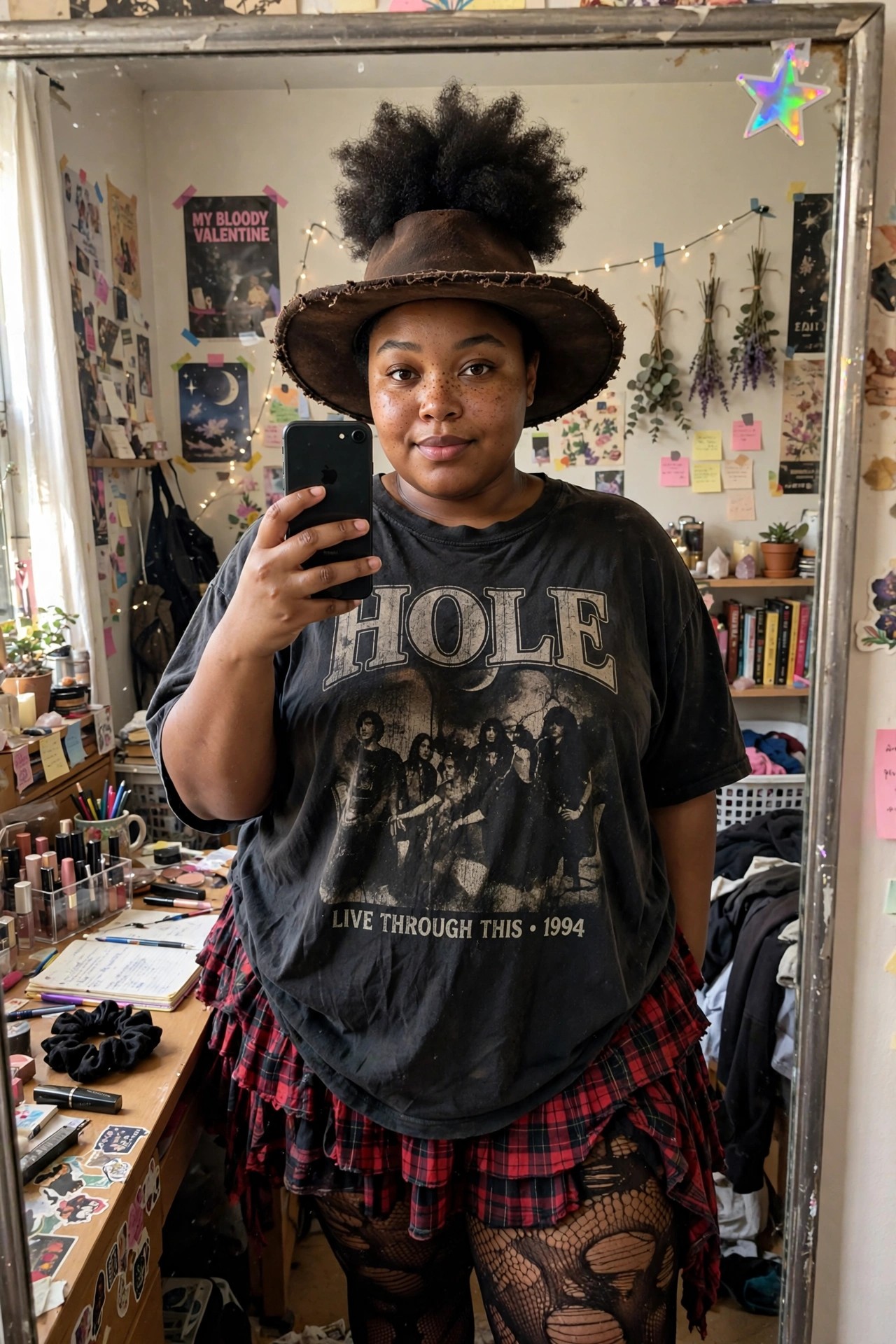 Woman wearing an oversized black Hole band t-shirt with a brown wide brim hat, layered red plaid ruffled skirt, and ripped fishnet tights.
