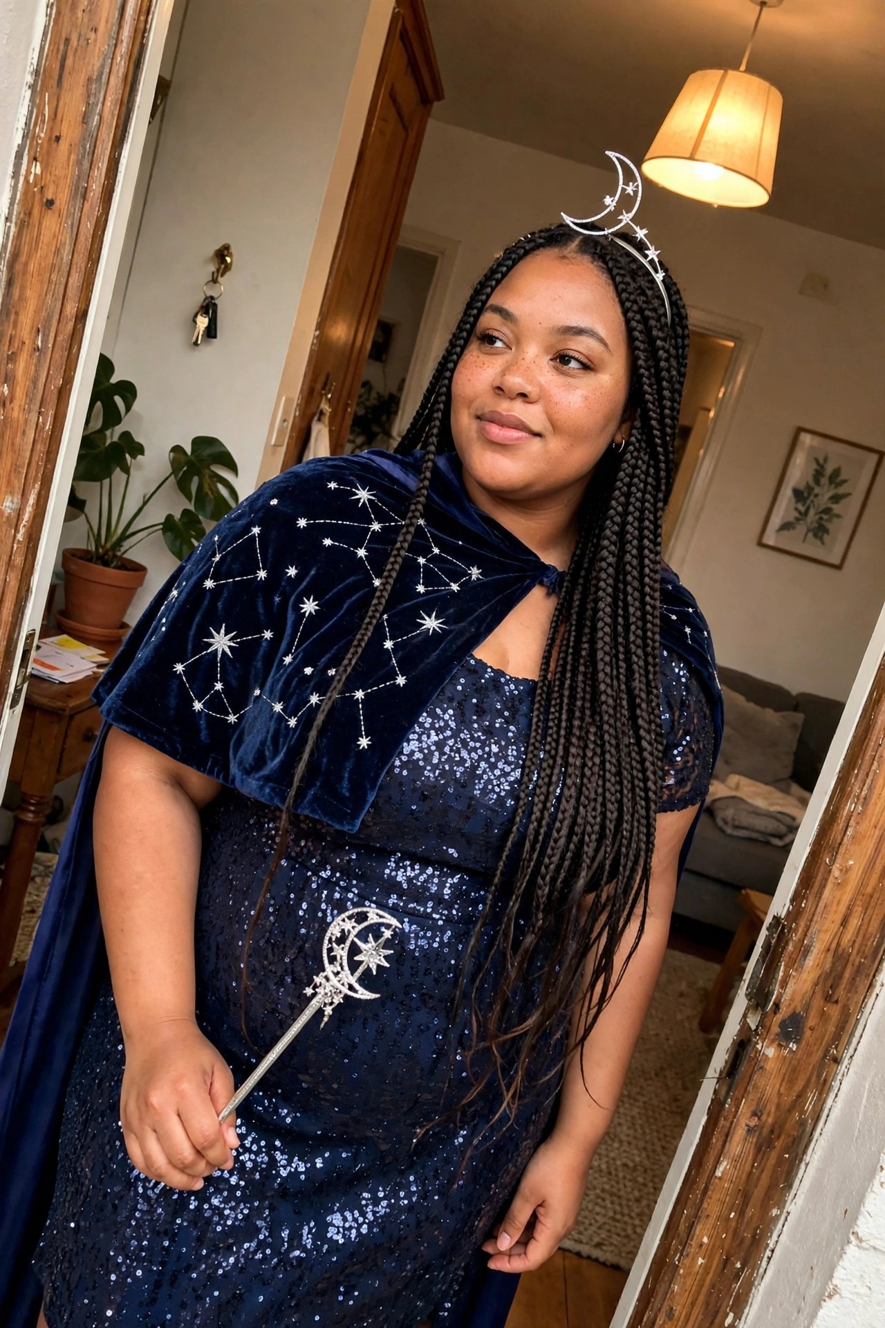 Plus size Black woman wearing a celestial witch costume with a blue velvet cape embroidered with white constellations, a matching sequin dress, silver crescent moon headpiece, and holding a star and moon wand.