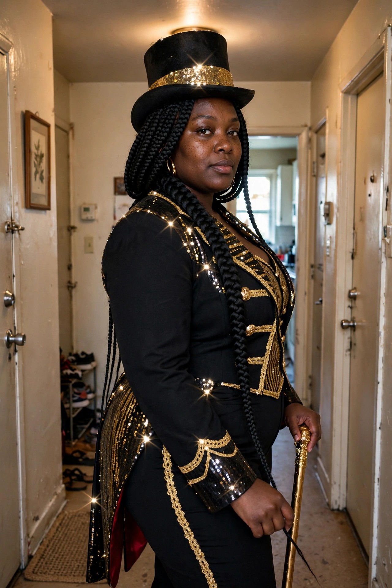 Plus size Black woman wearing a black and gold sequined ringmaster costume with matching top hat and cane, long braids, full body view in hallway.