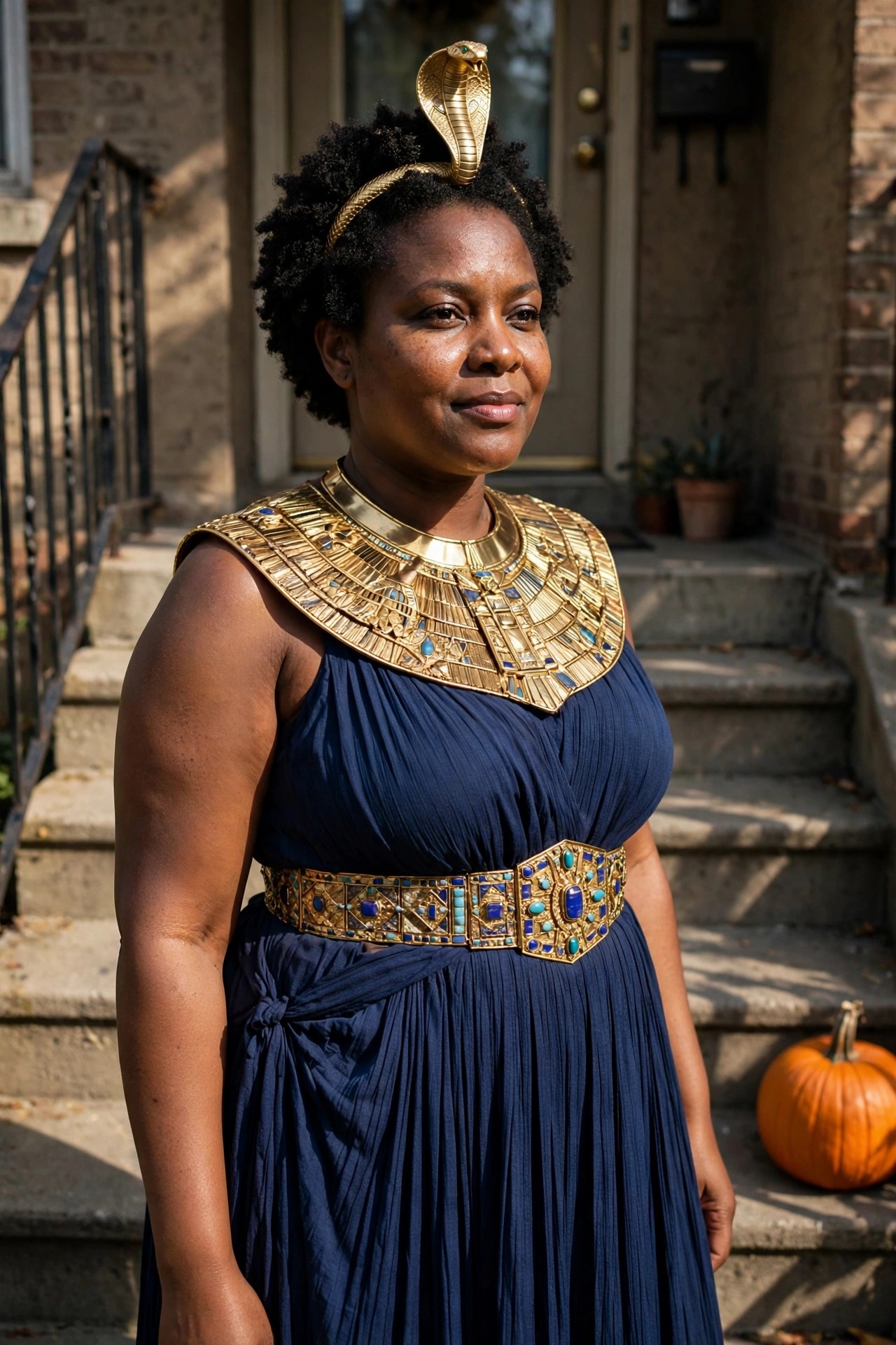 Woman wearing a blue pleated dress with a large gold Egyptian collar necklace, matching ornate belt, and a gold cobra headdress on short curly hair.
