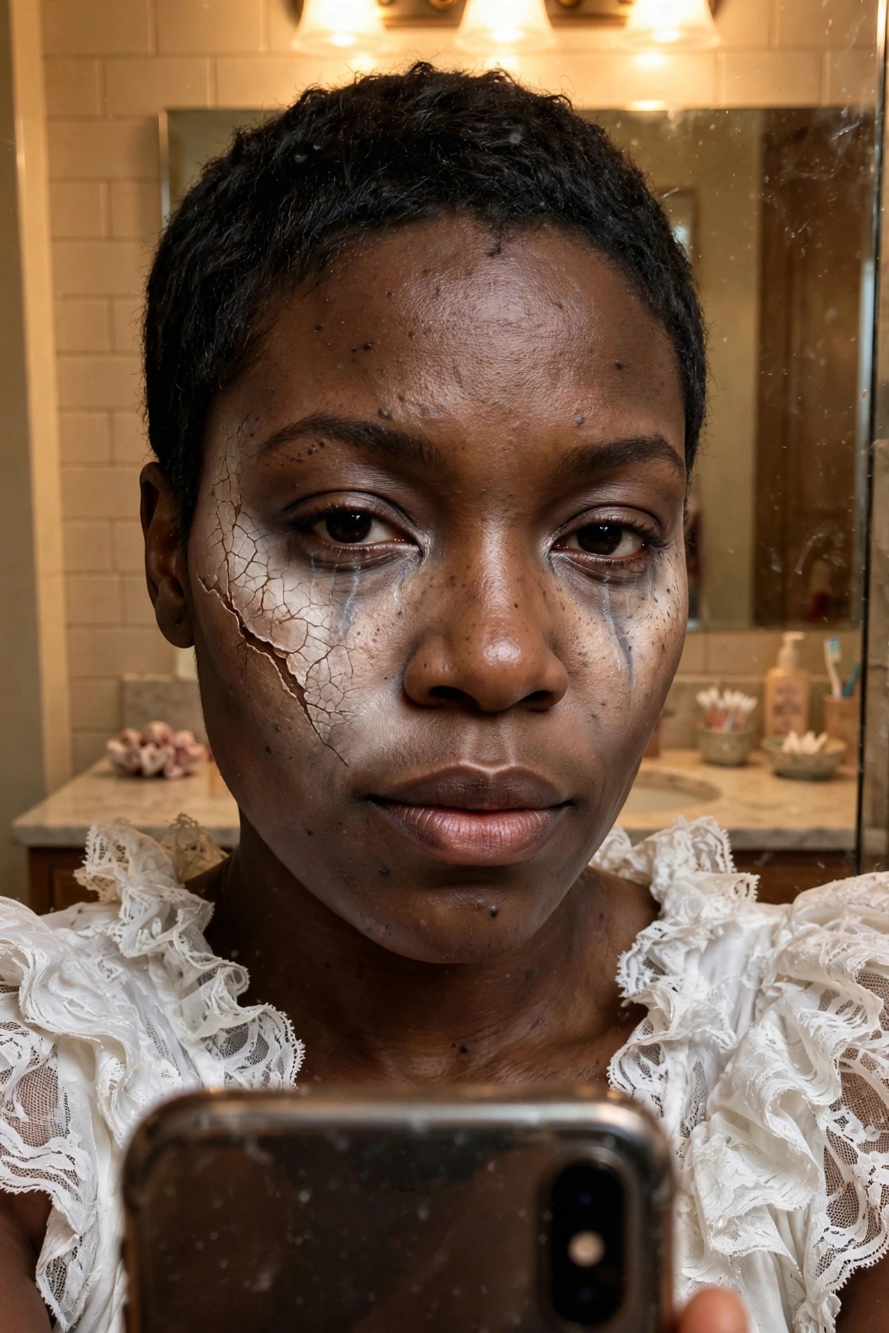 Close-up of a Black woman with short natural hair wearing cracked porcelain doll face paint with dripping tear details and a white ruffled top while holding a phone for a selfie.