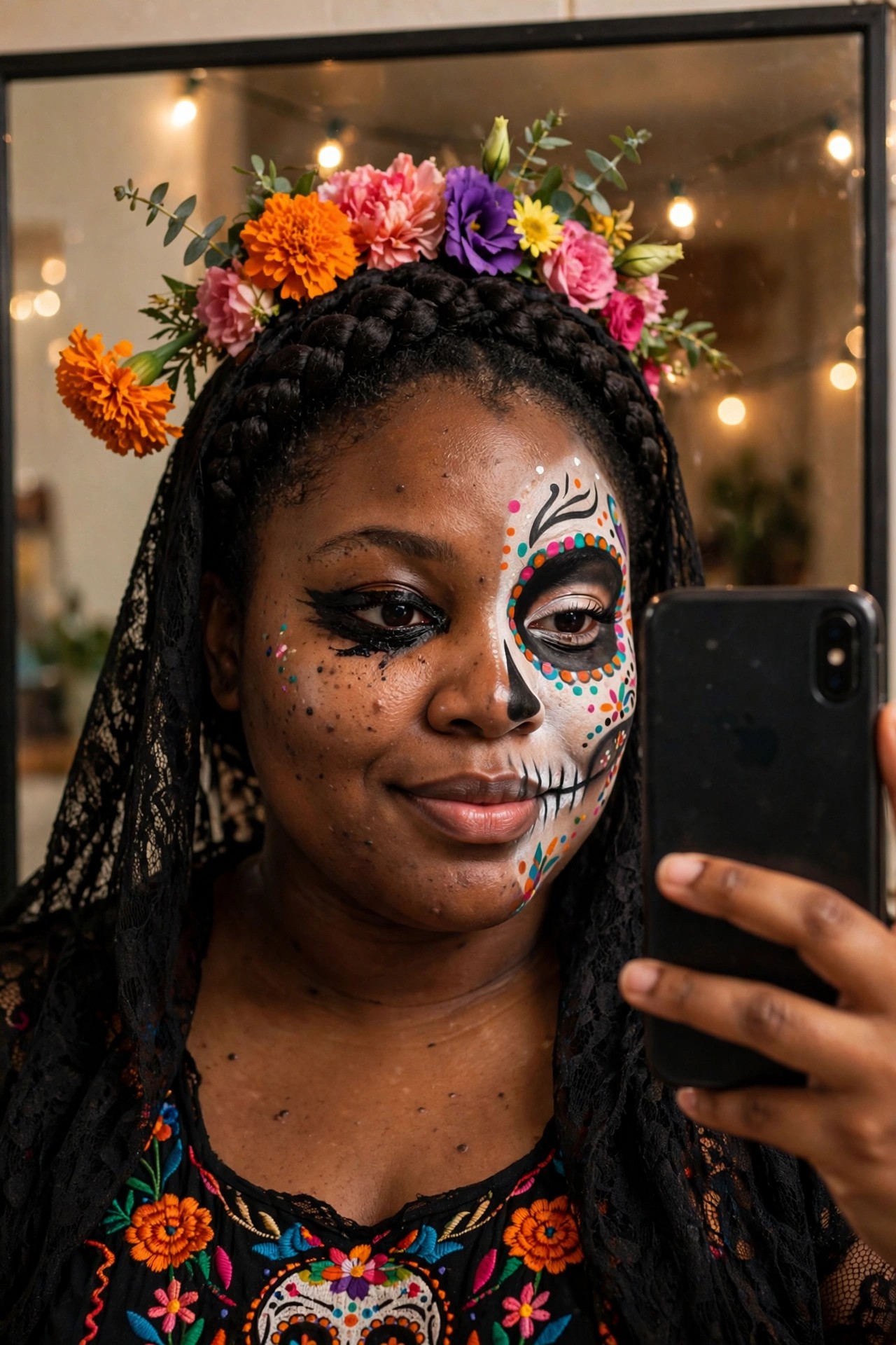 Woman wearing Día de los Muertos sugar skull face paint with colorful dots, black lace veil, and a crown of orange, pink, and purple flowers while holding a phone for a selfie.