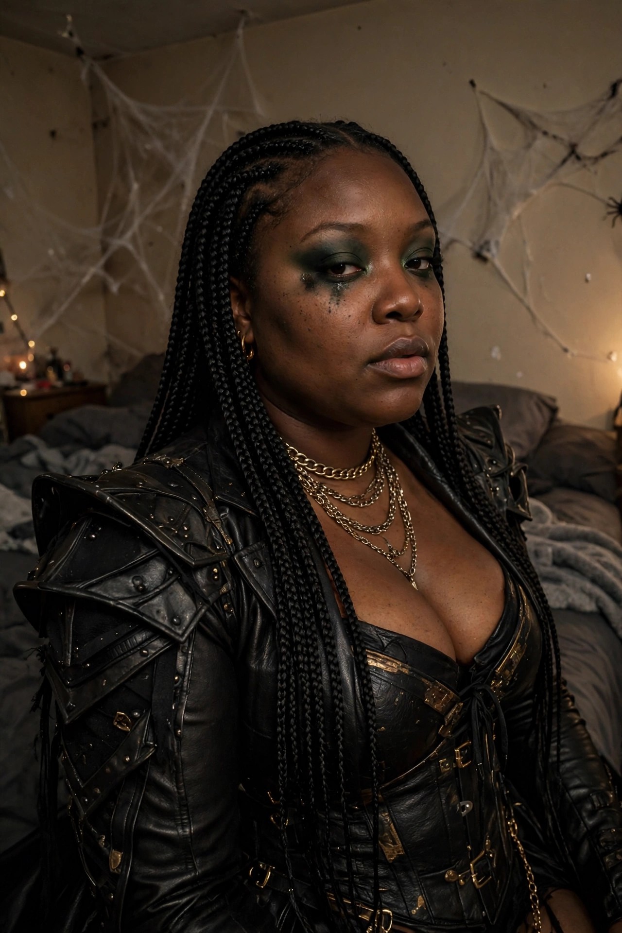 Woman wearing black leather armor jacket with structured shoulder pieces over a black corset with gold accents and multiple gold chain necklaces.
