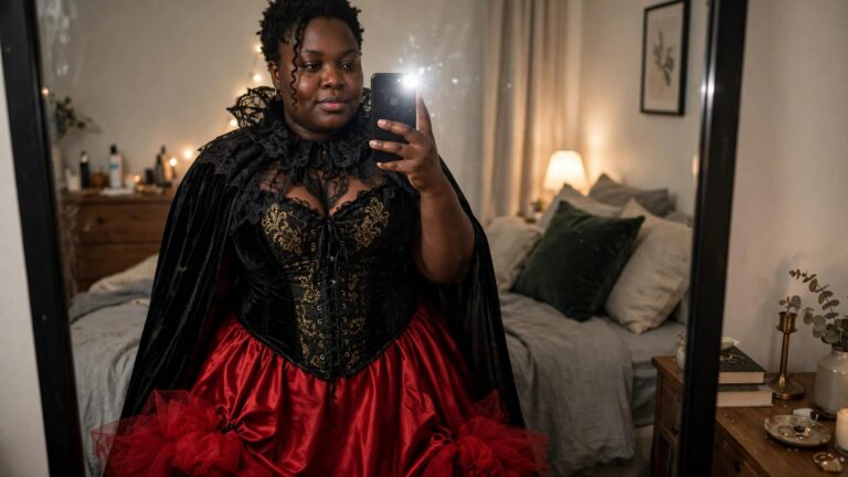 Plus size Black woman taking a mirror selfie in a Victorian vampire costume featuring a black velvet cape with lace collar, black corset with gold accents, and full red satin skirt with black tulle ruffles.